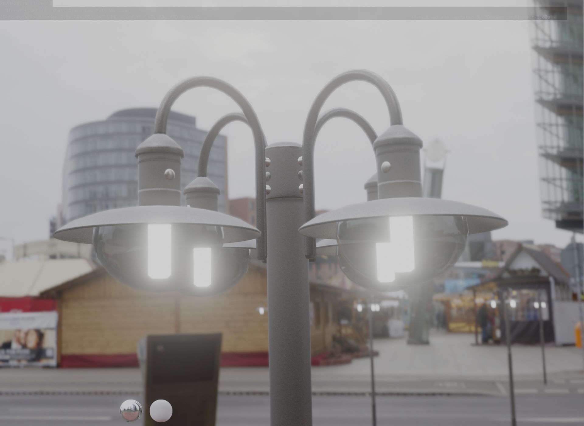 Street Light -7- Matt Black Version -4 Lamp-  Low-poly 3D model_7