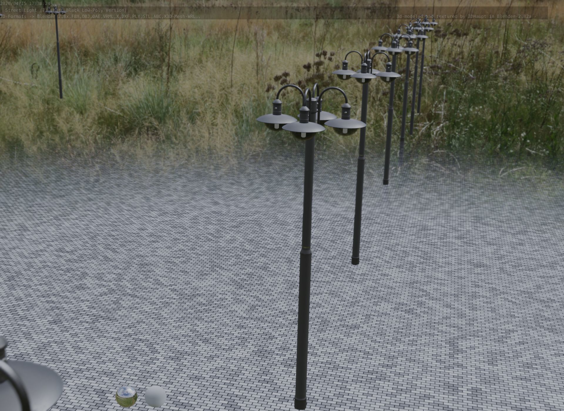 Street Light -7- Matt Black Version -4 Lamp-  Low-poly 3D model_69