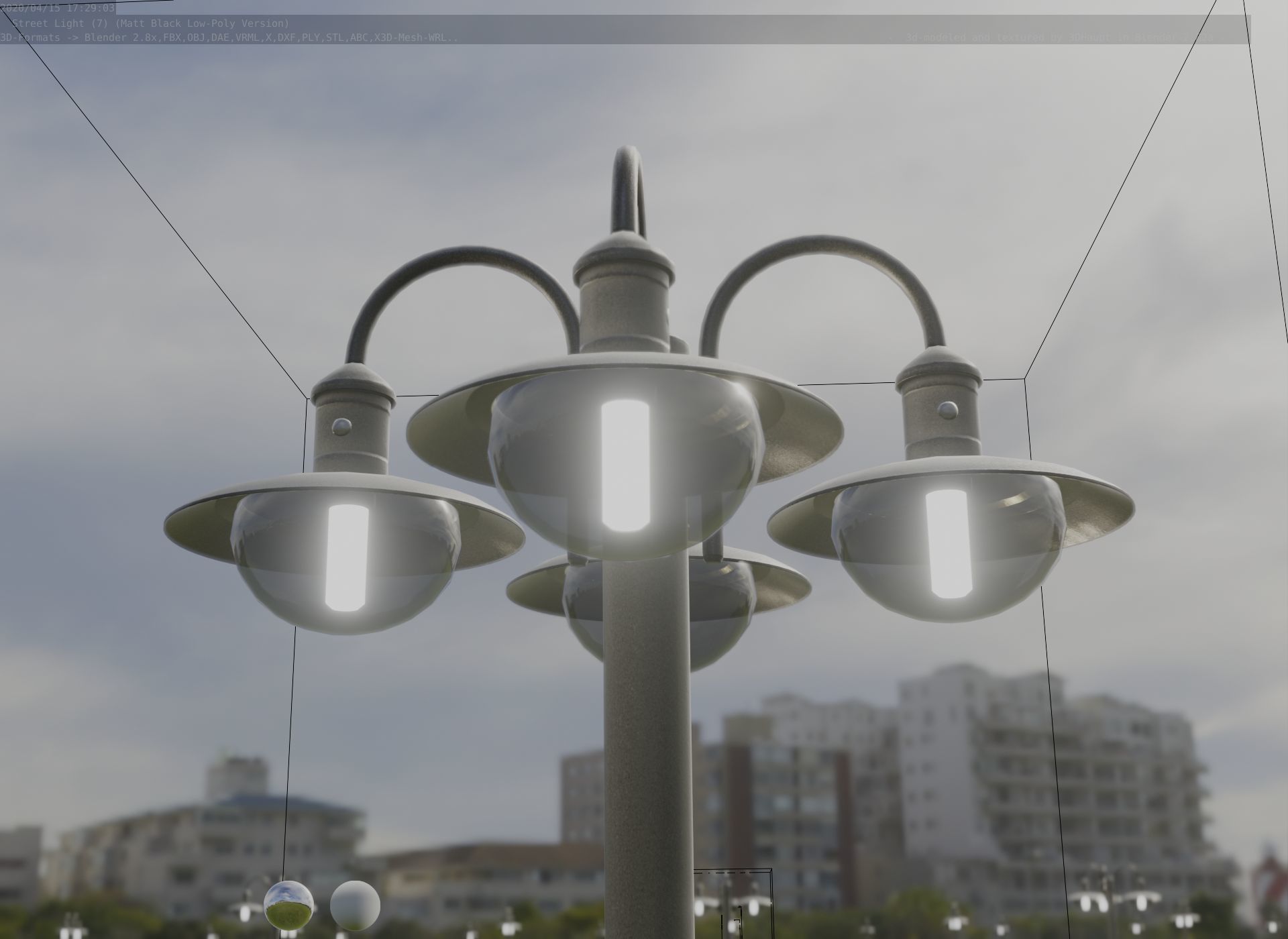 Street Light -7- Matt Black Version -4 Lamp-  Low-poly 3D model_36