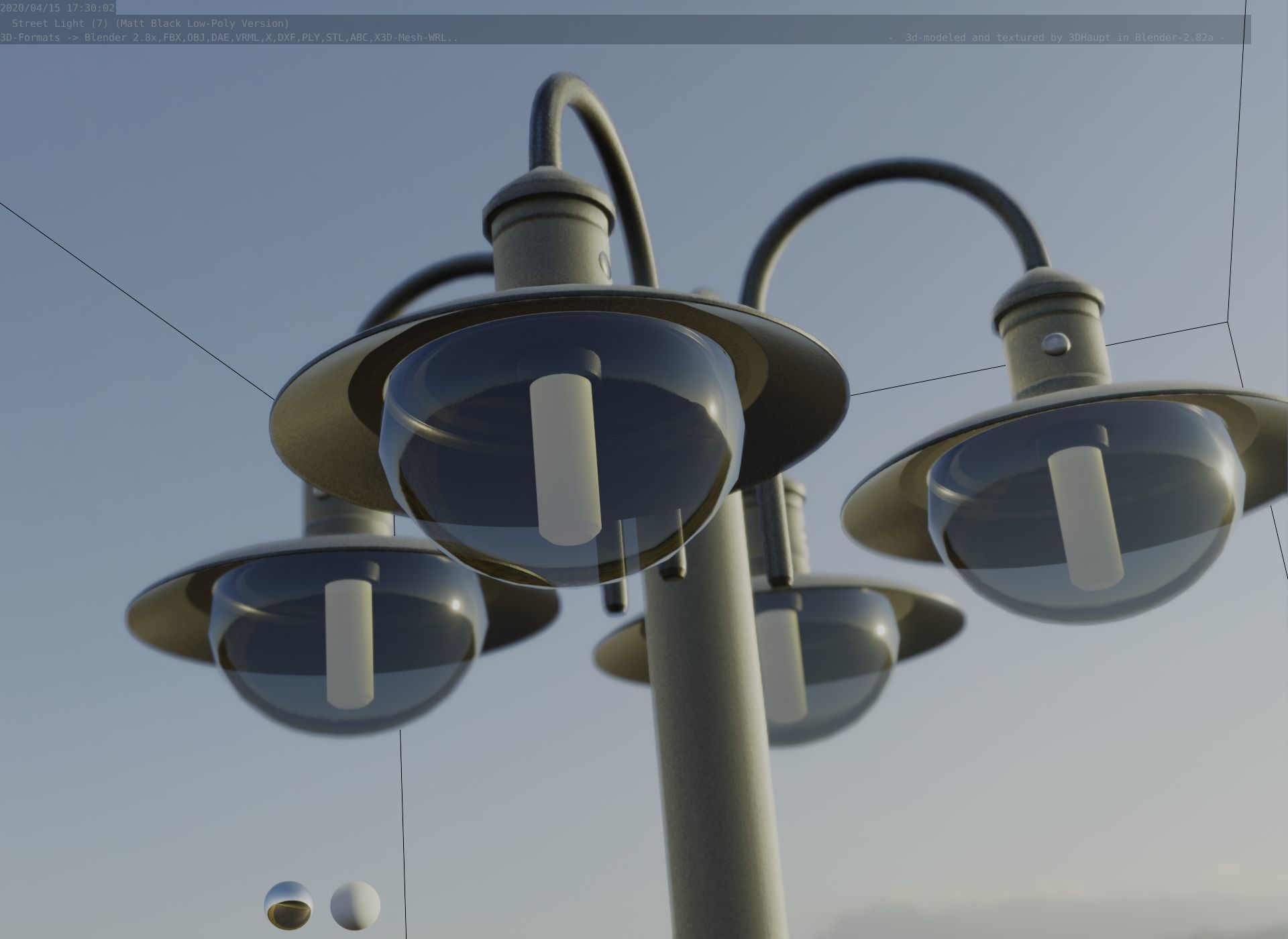 Street Light -7- Matt Black Version -4 Lamp-  Low-poly 3D model_53