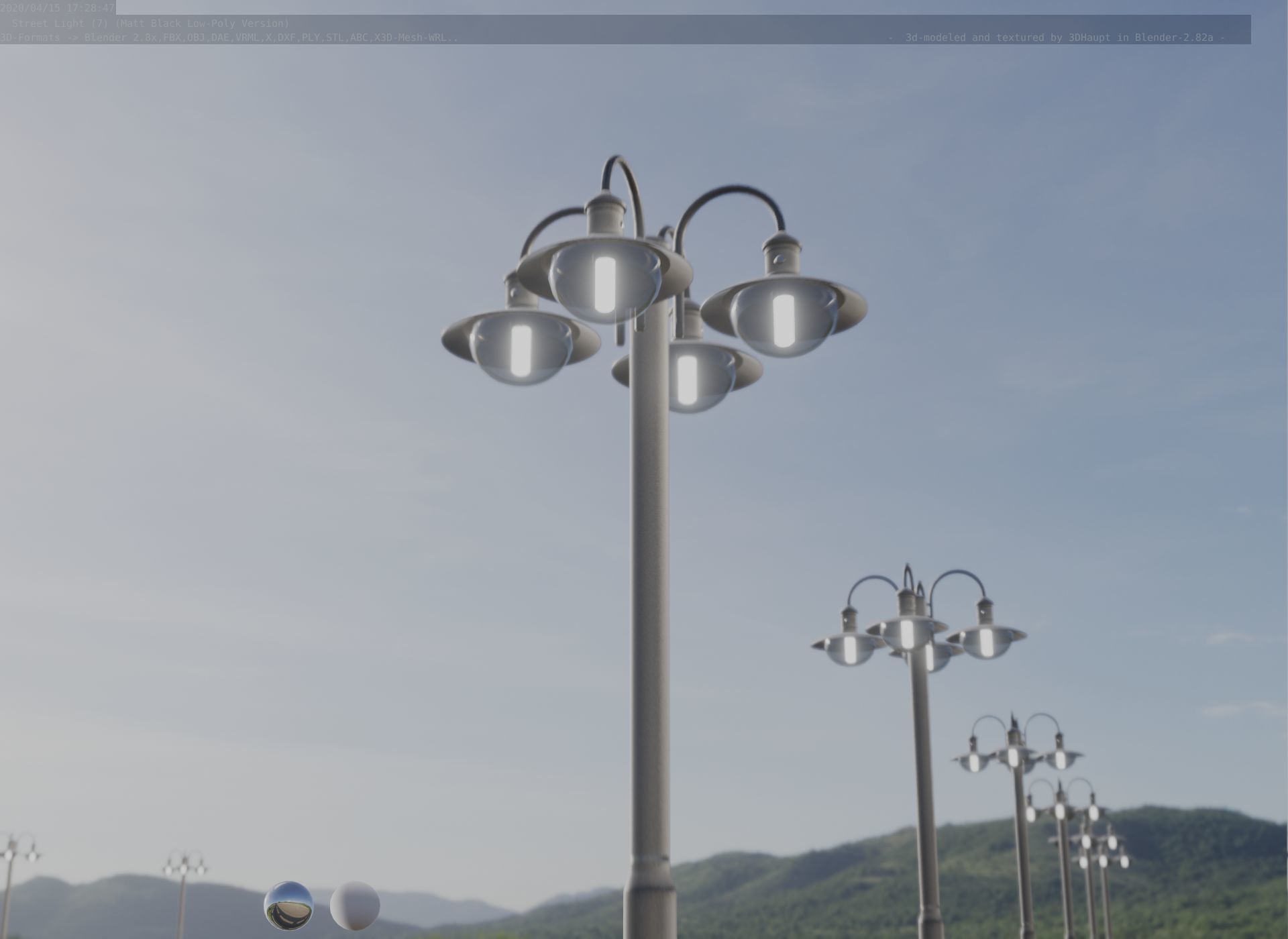 Street Light -7- Matt Black Version -4 Lamp-  Low-poly 3D model_28