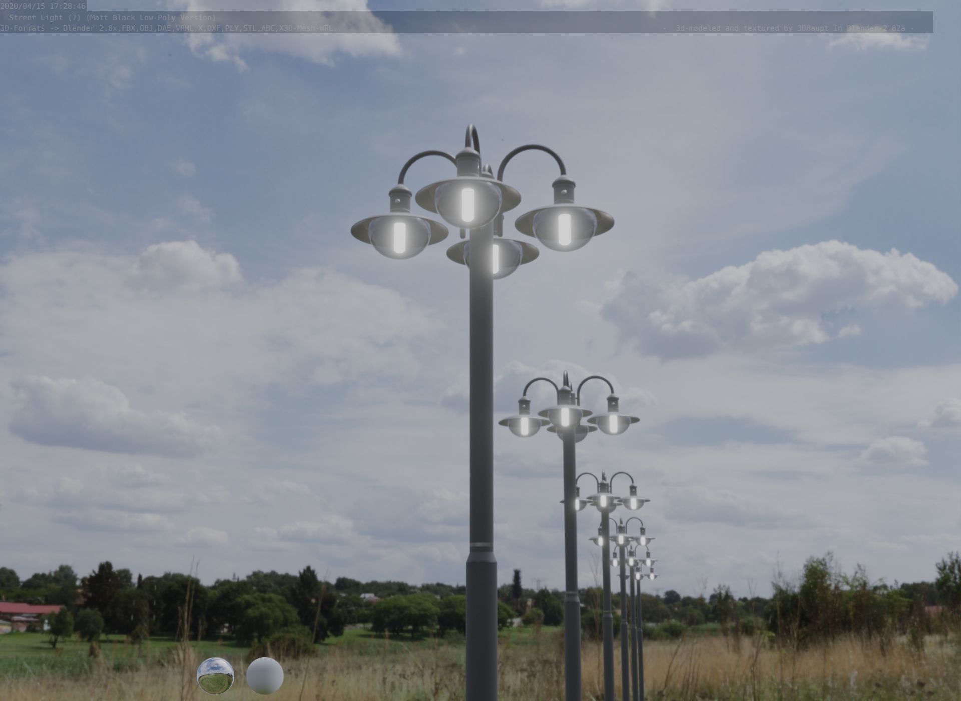 Street Light -7- Matt Black Version -4 Lamp-  Low-poly 3D model_27