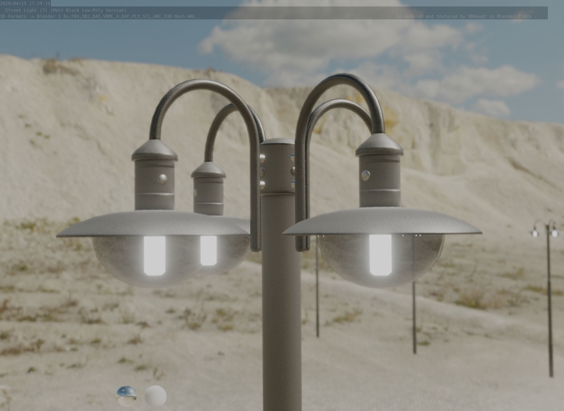 Street Light -7- Matt Black Version -4 Lamp-  Low-poly 3D model_8
