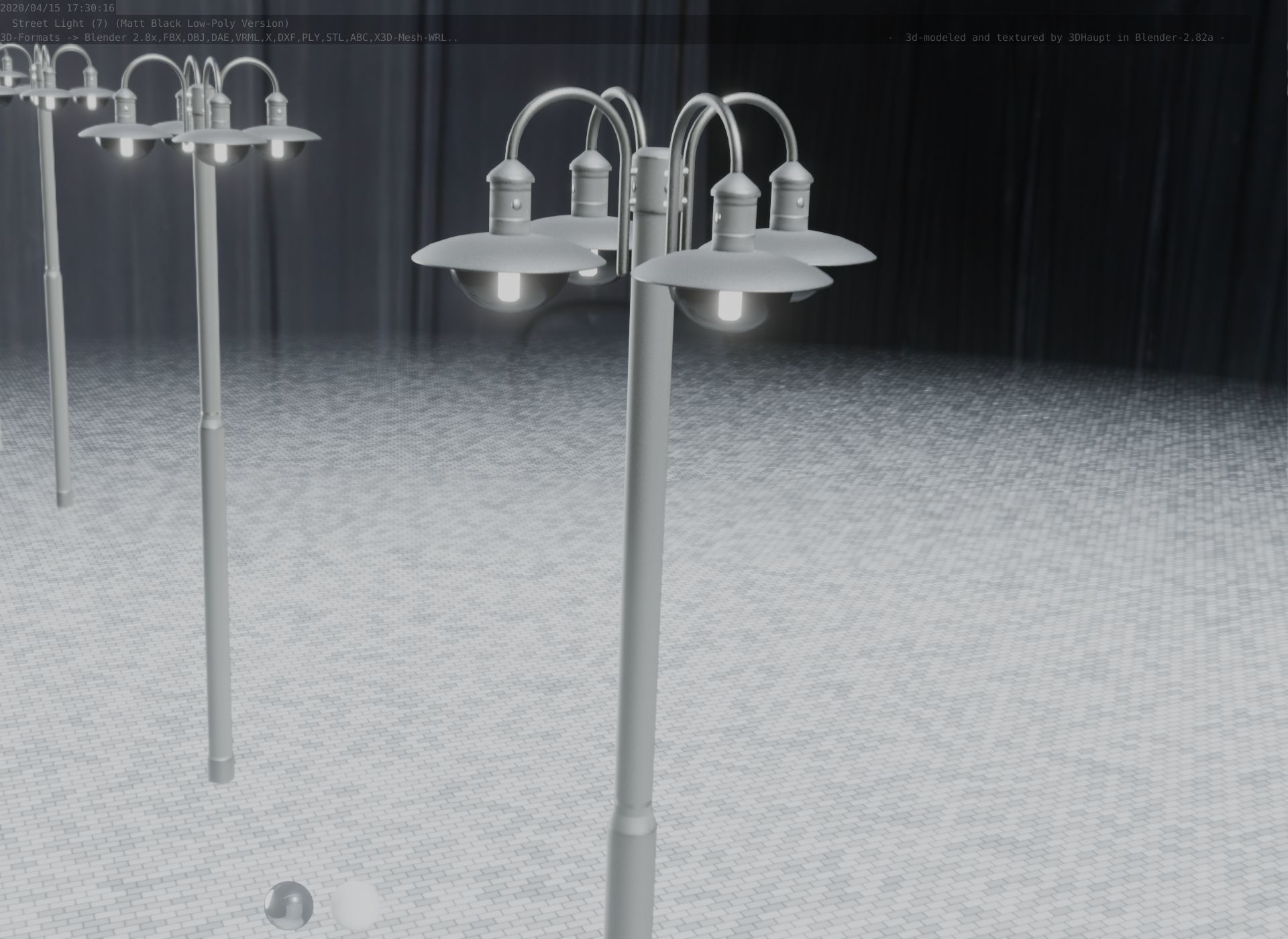 Street Light -7- Matt Black Version -4 Lamp-  Low-poly 3D model_62