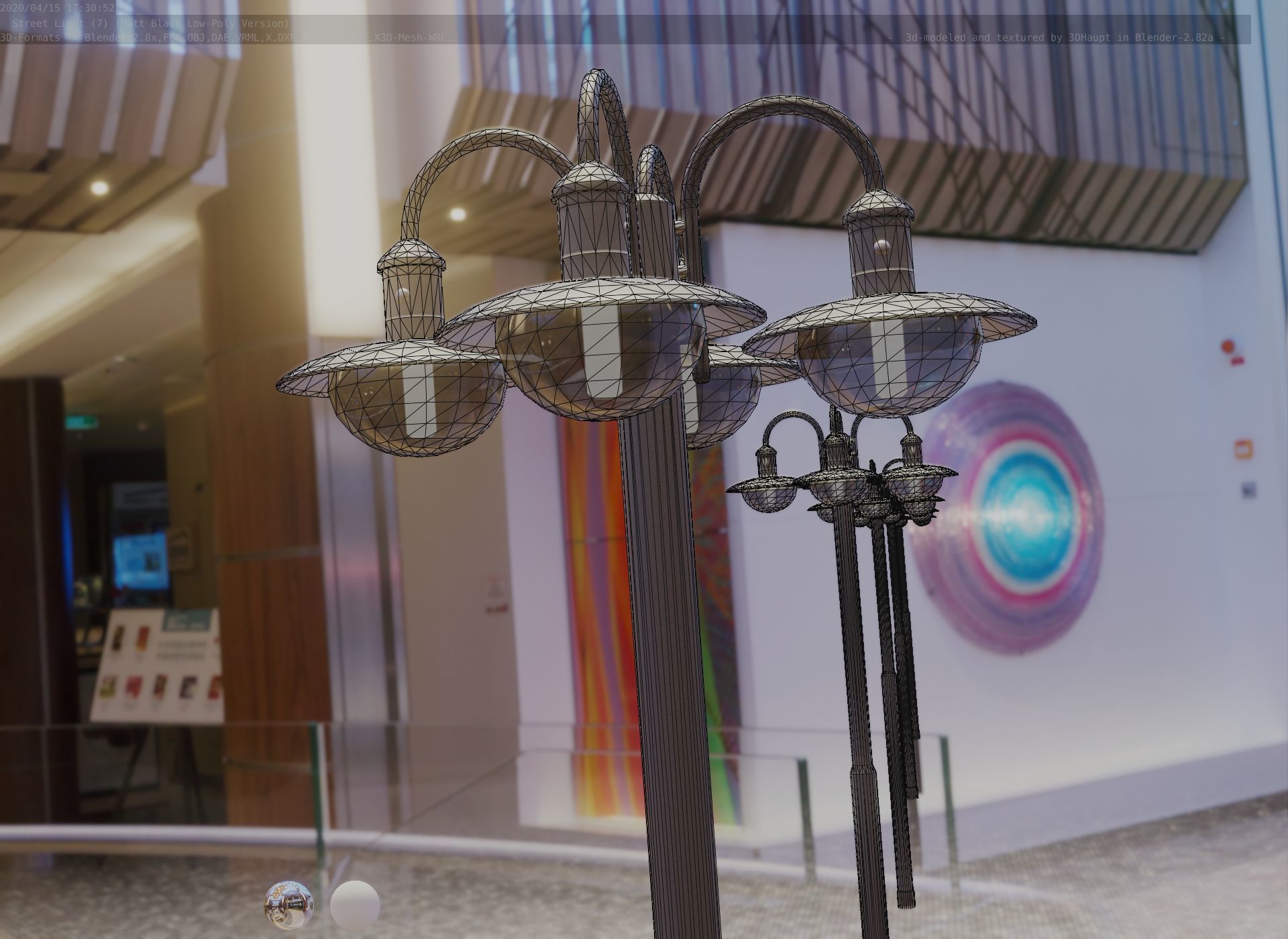 Street Light -7- Matt Black Version -4 Lamp-  Low-poly 3D model_90