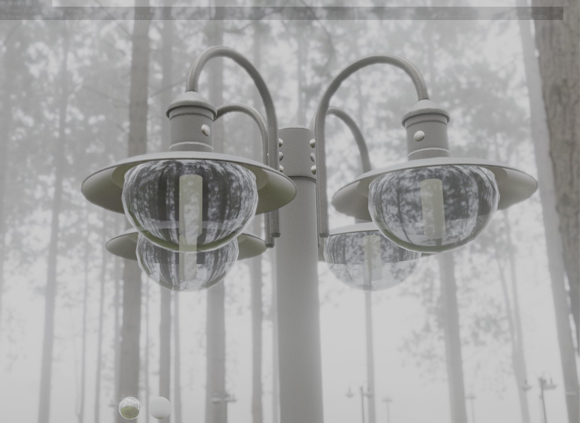 Street Light -7- Matt Black Version -4 Lamp-  Low-poly 3D model_3