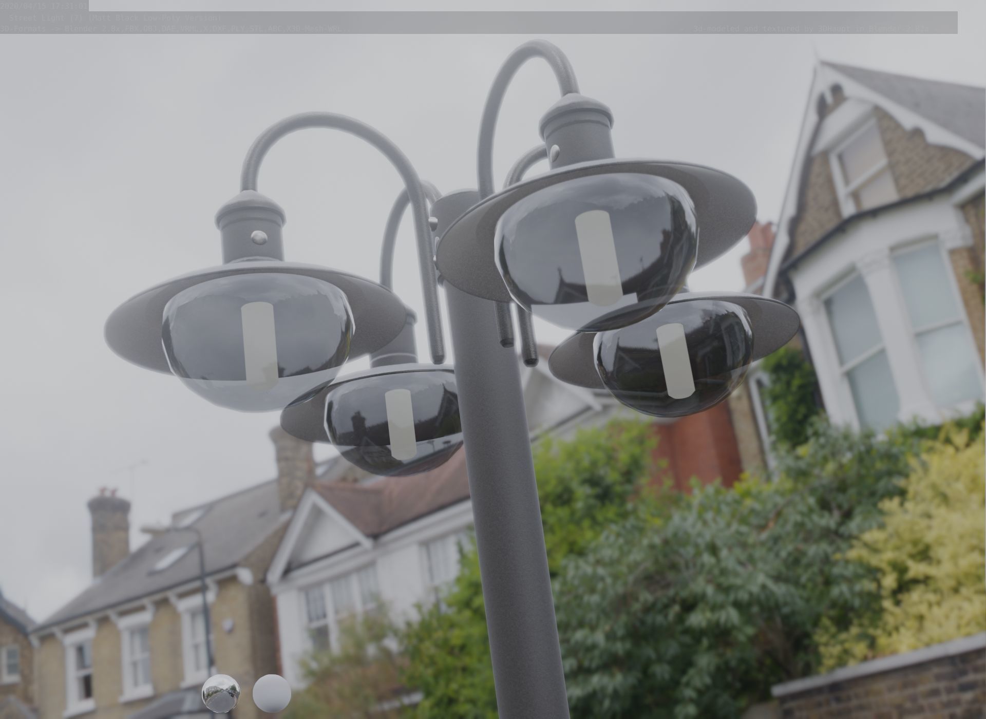 Street Light -7- Matt Black Version -4 Lamp-  Low-poly 3D model_95