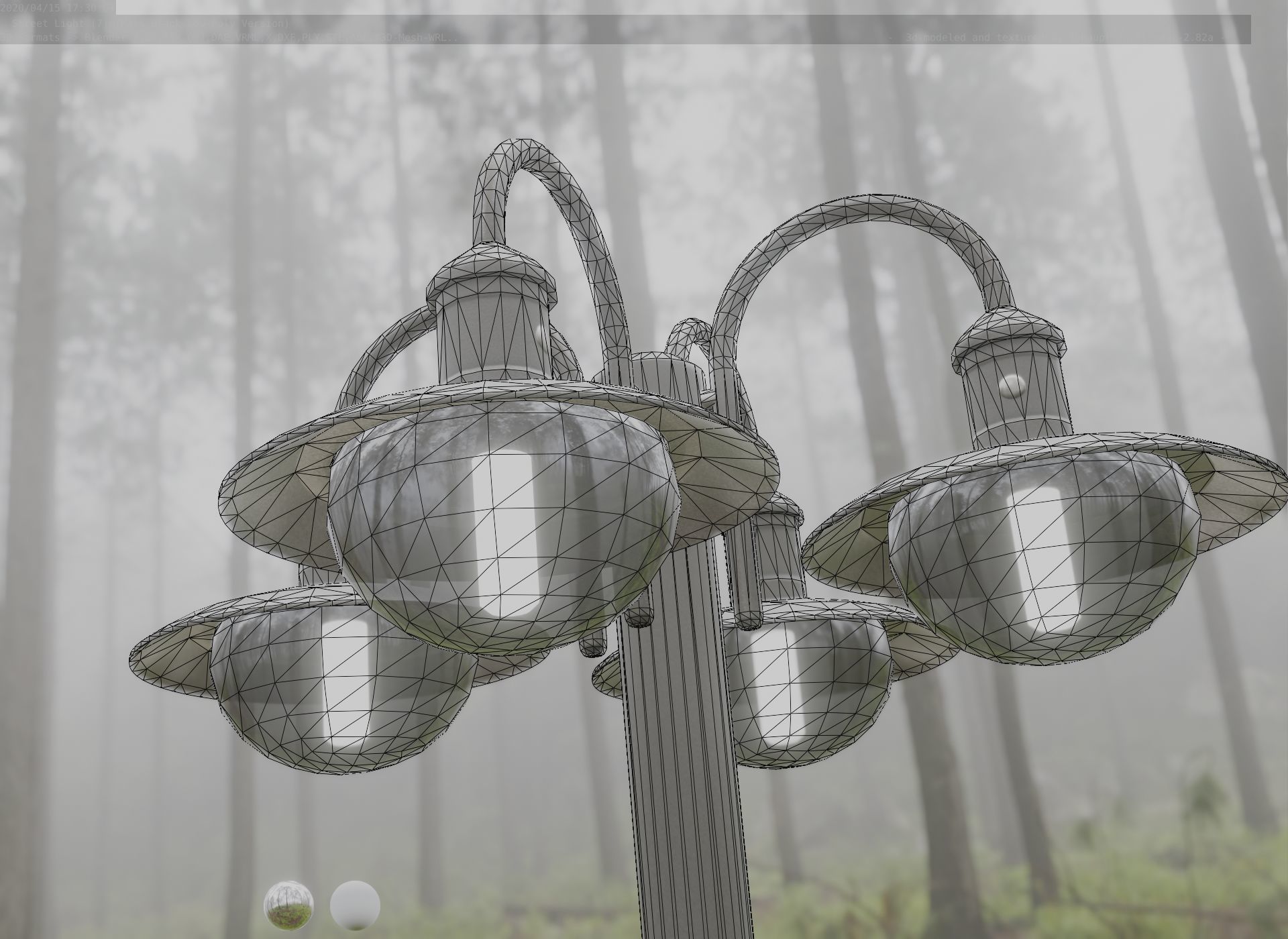 Street Light -7- Matt Black Version -4 Lamp-  Low-poly 3D model_54