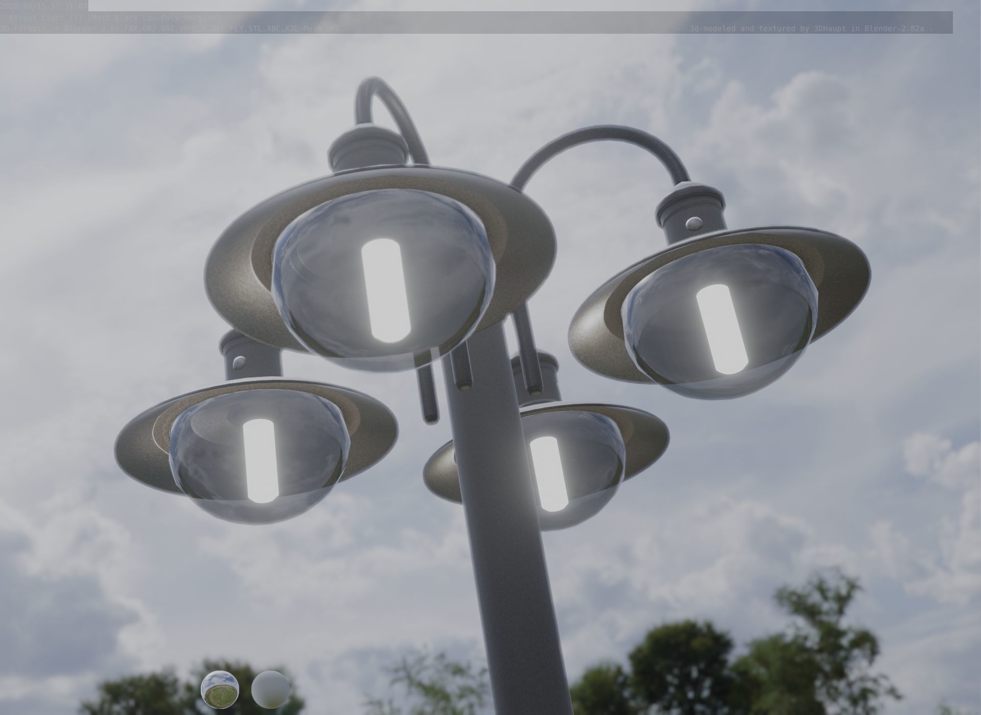 Street Light -7- Matt Black Version -4 Lamp-  Low-poly 3D model_99