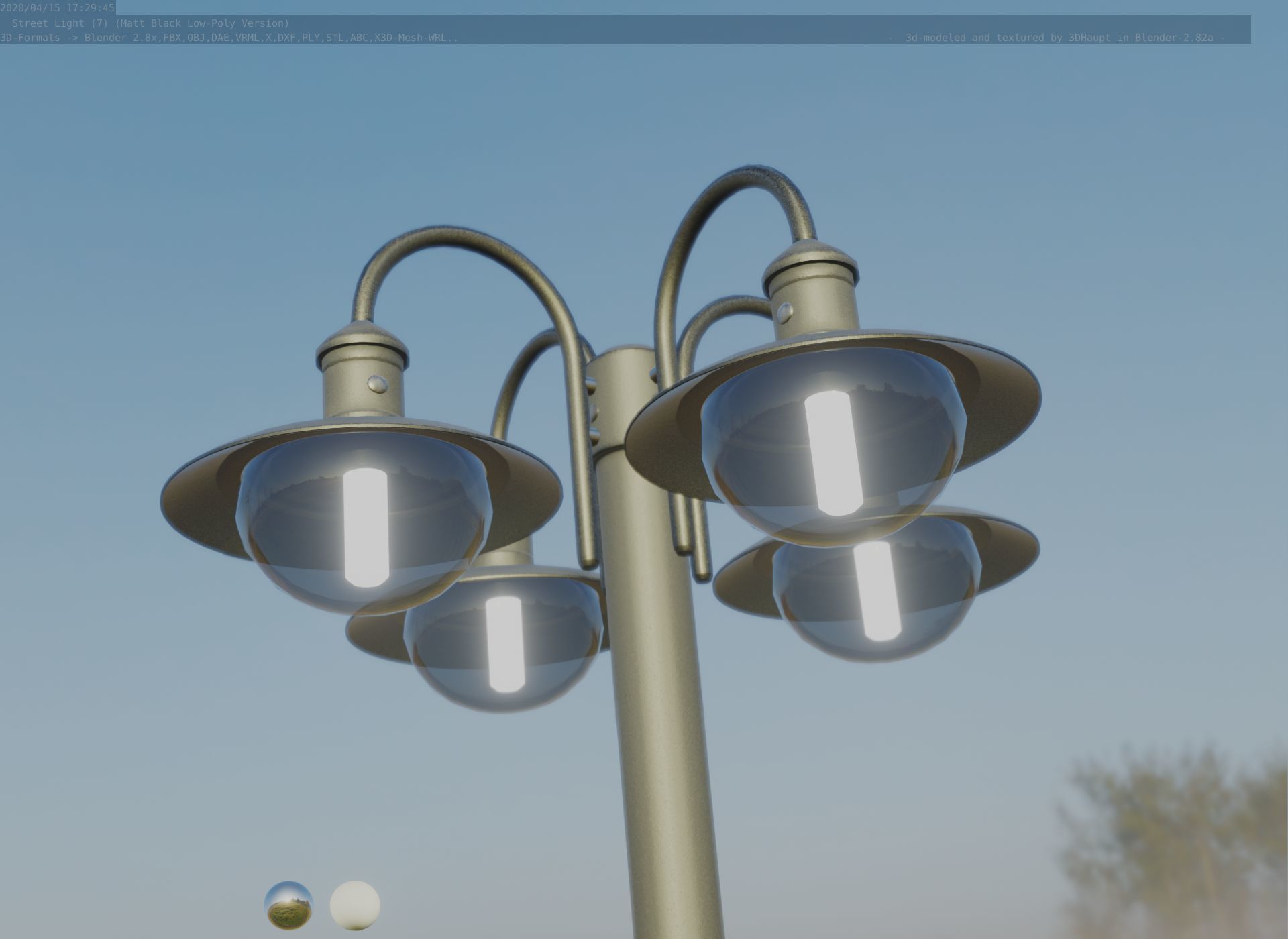 Street Light -7- Matt Black Version -4 Lamp-  Low-poly 3D model_44