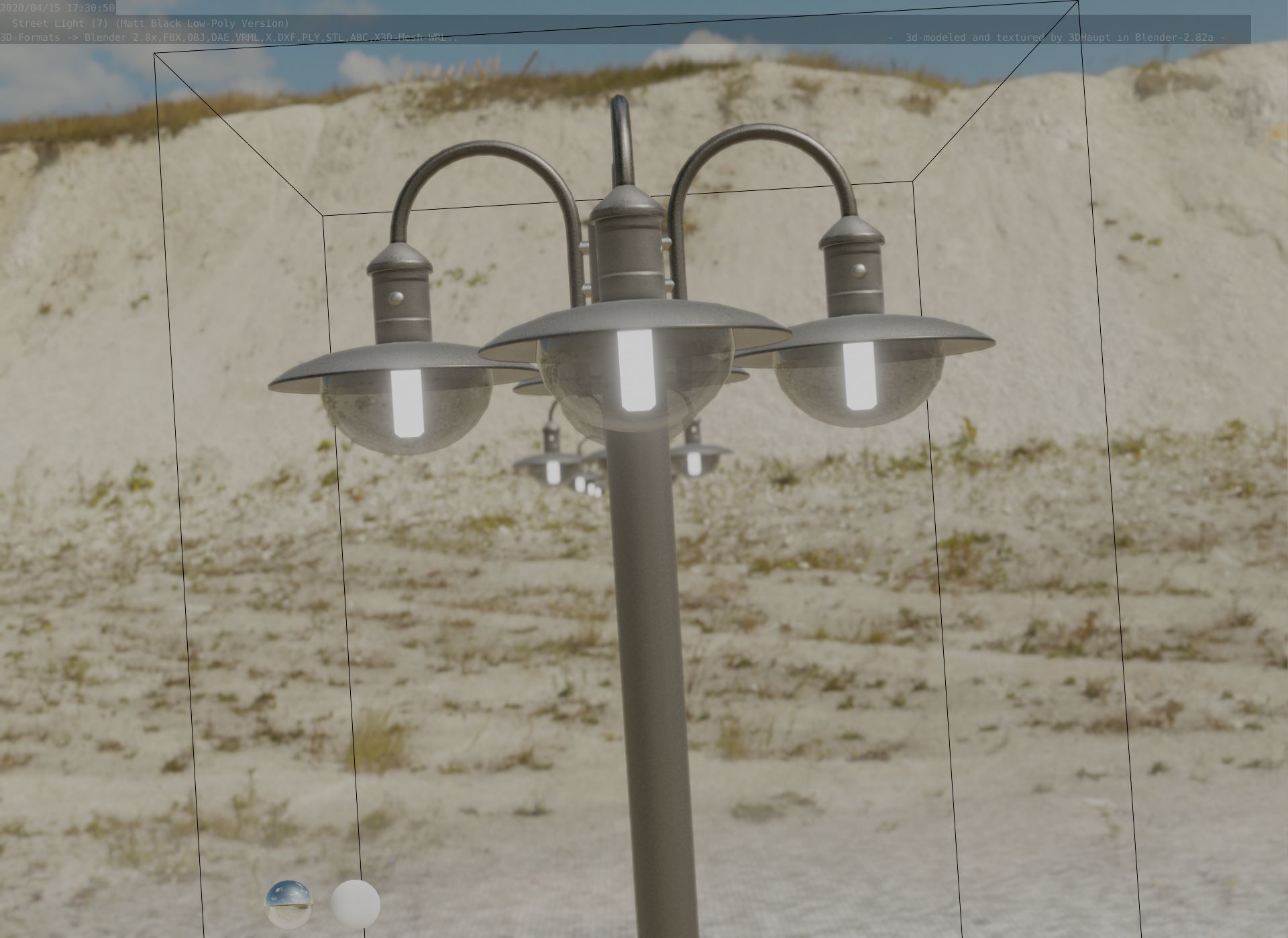 Street Light -7- Matt Black Version -4 Lamp-  Low-poly 3D model_89