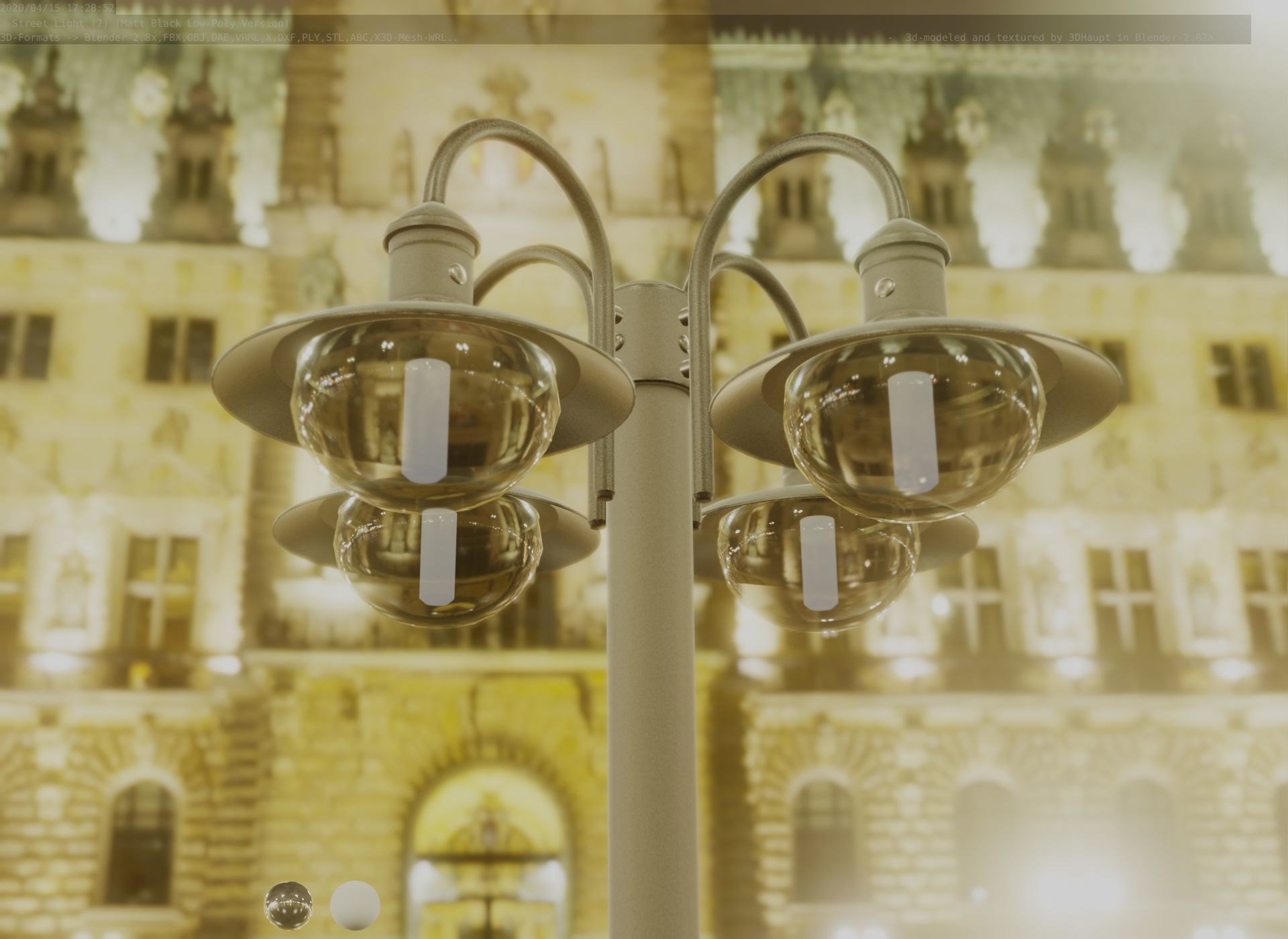 Street Light -7- Matt Black Version -4 Lamp-  Low-poly 3D model_30