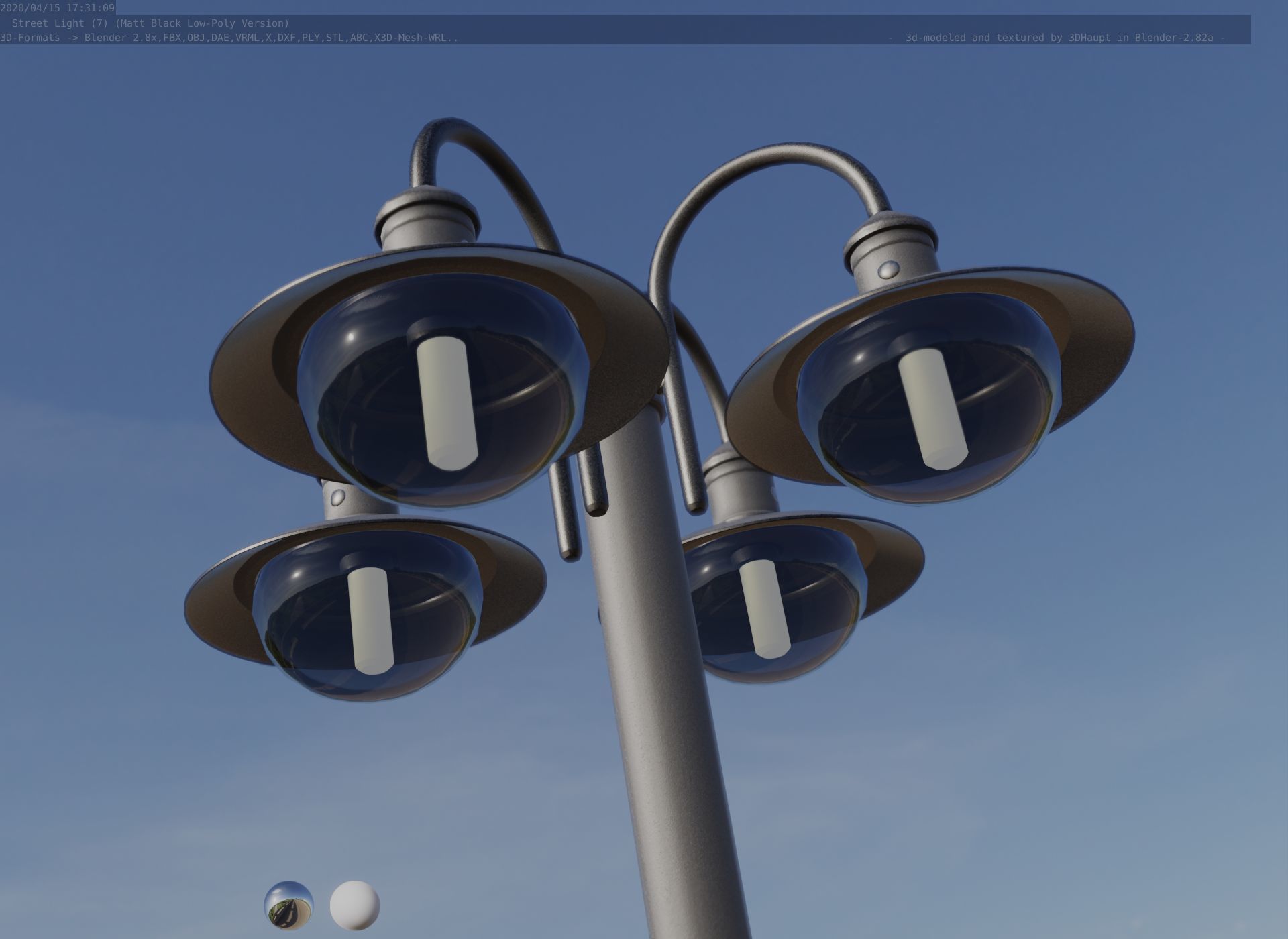 Street Light -7- Matt Black Version -4 Lamp-  Low-poly 3D model_100
