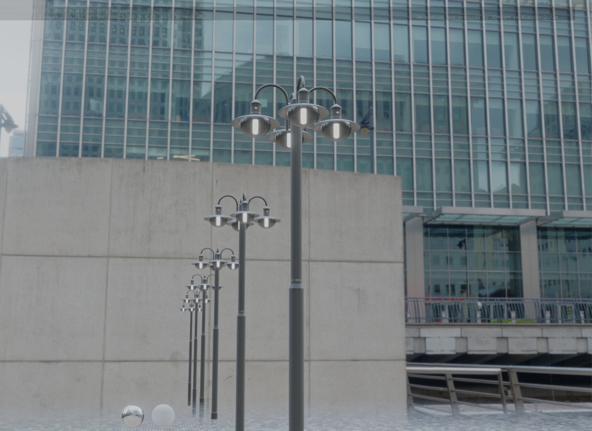 Street Light -7- Matt Black Version -4 Lamp-  Low-poly 3D model_2