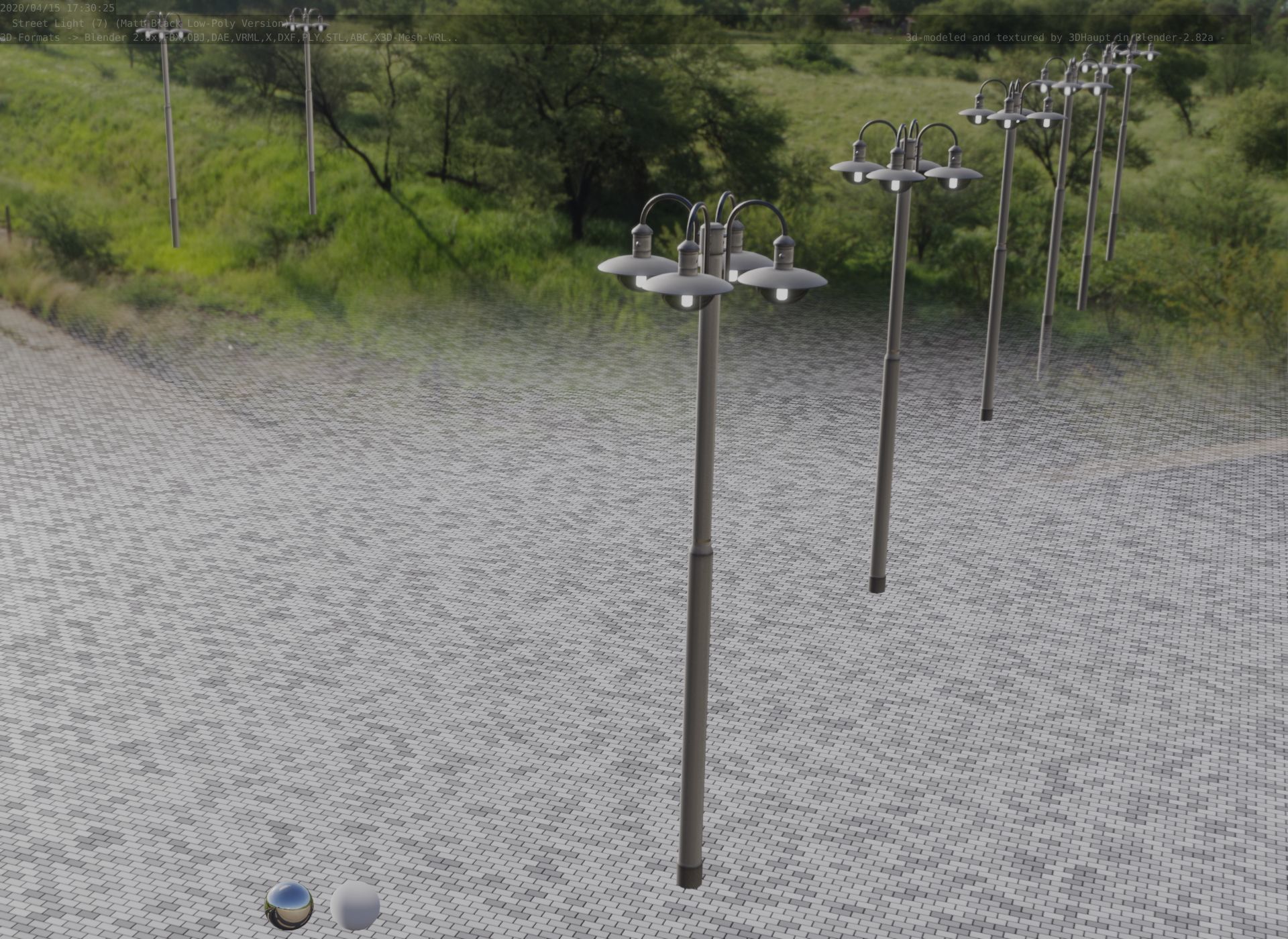 Street Light -7- Matt Black Version -4 Lamp-  Low-poly 3D model_70