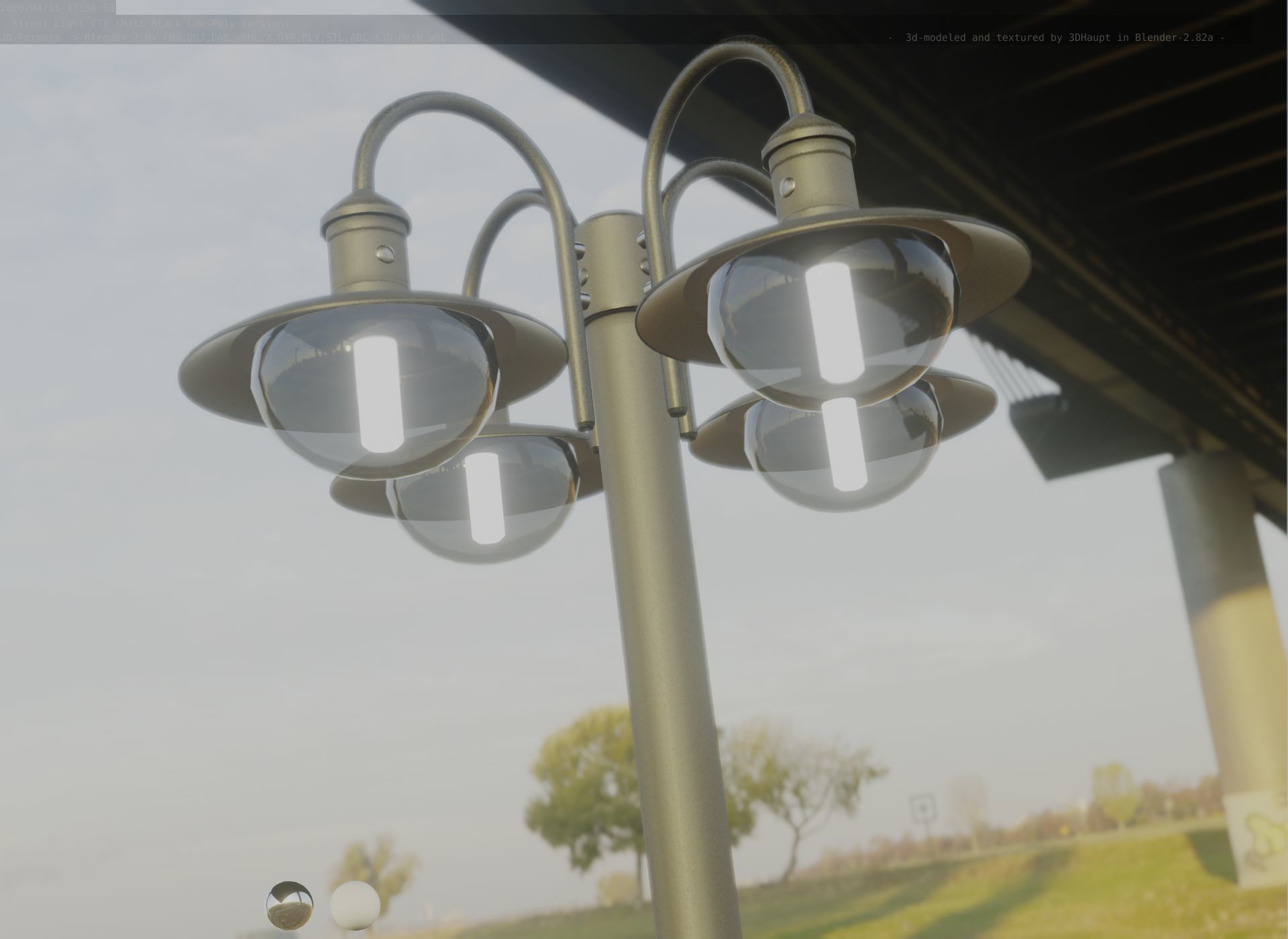 Street Light -7- Matt Black Version -4 Lamp-  Low-poly 3D model_94