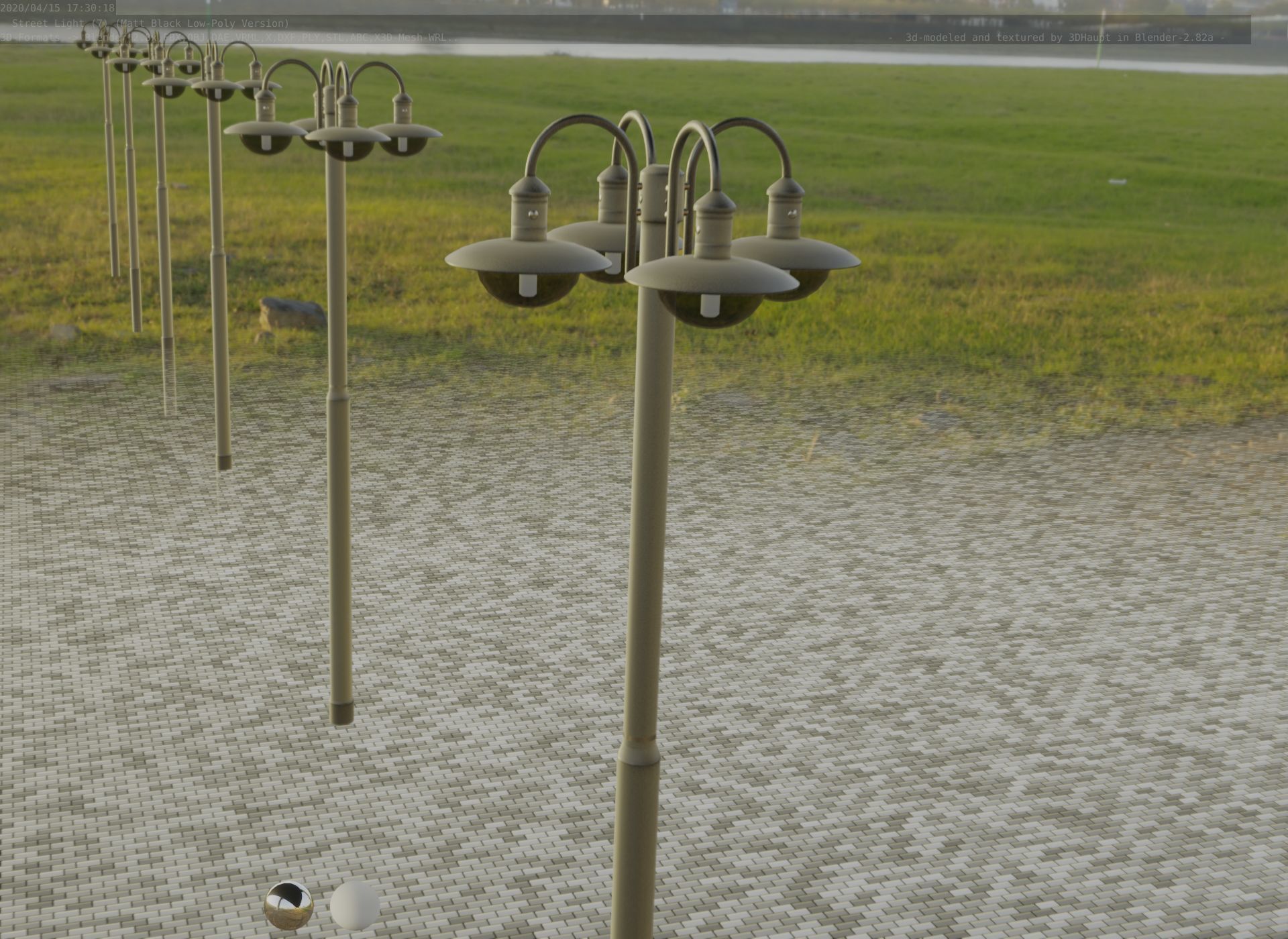 Street Light -7- Matt Black Version -4 Lamp-  Low-poly 3D model_63