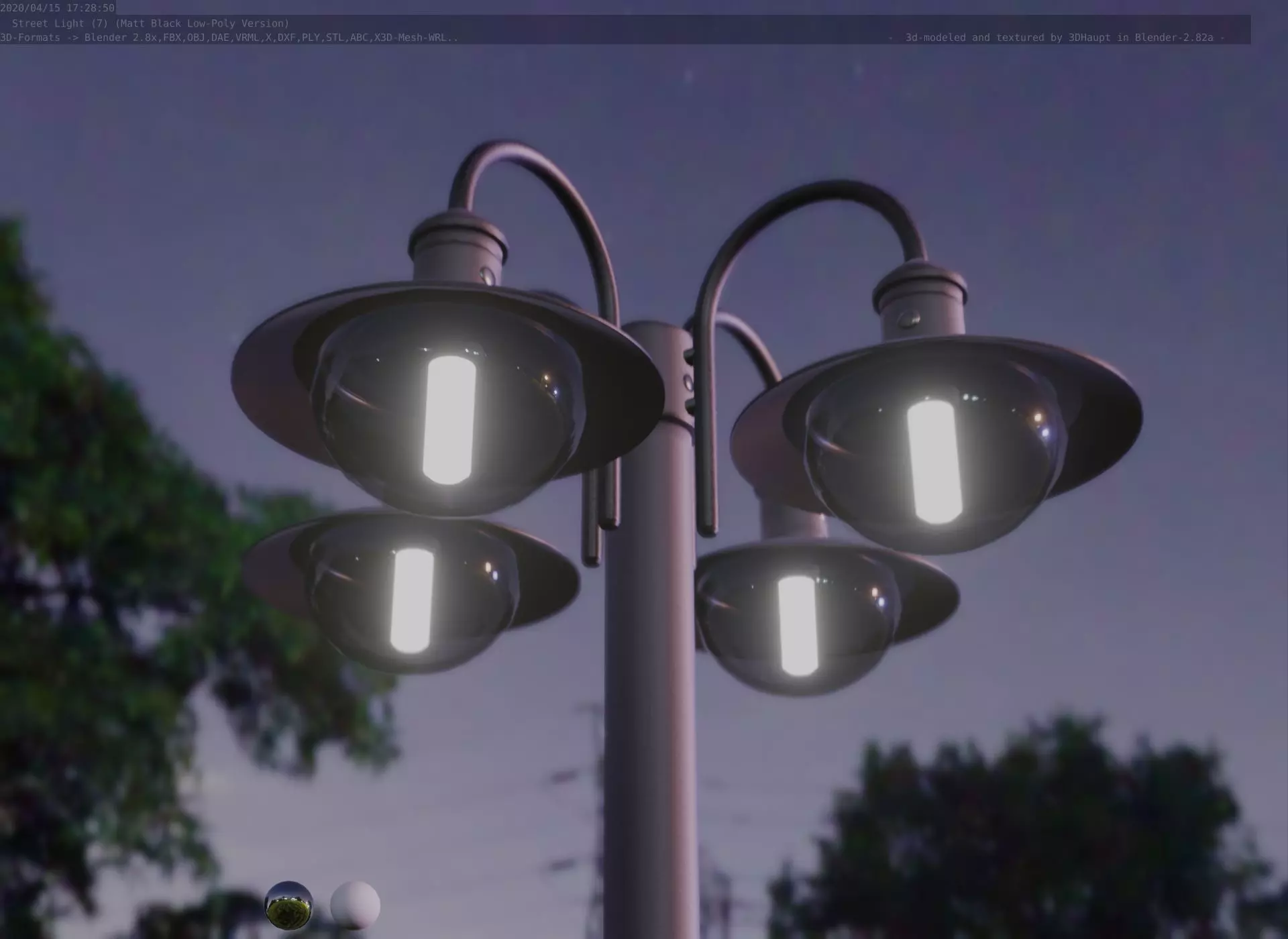 Street Light -7- Matt Black Version -4 Lamp-  Low-poly 3D model_0