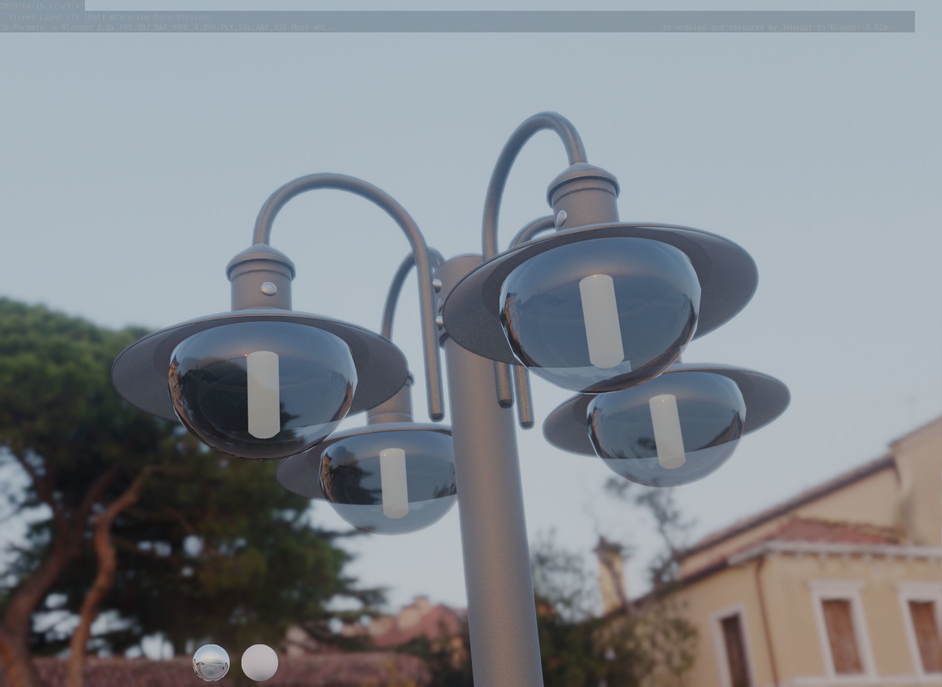 Street Light -7- Matt Black Version -4 Lamp-  Low-poly 3D model_45