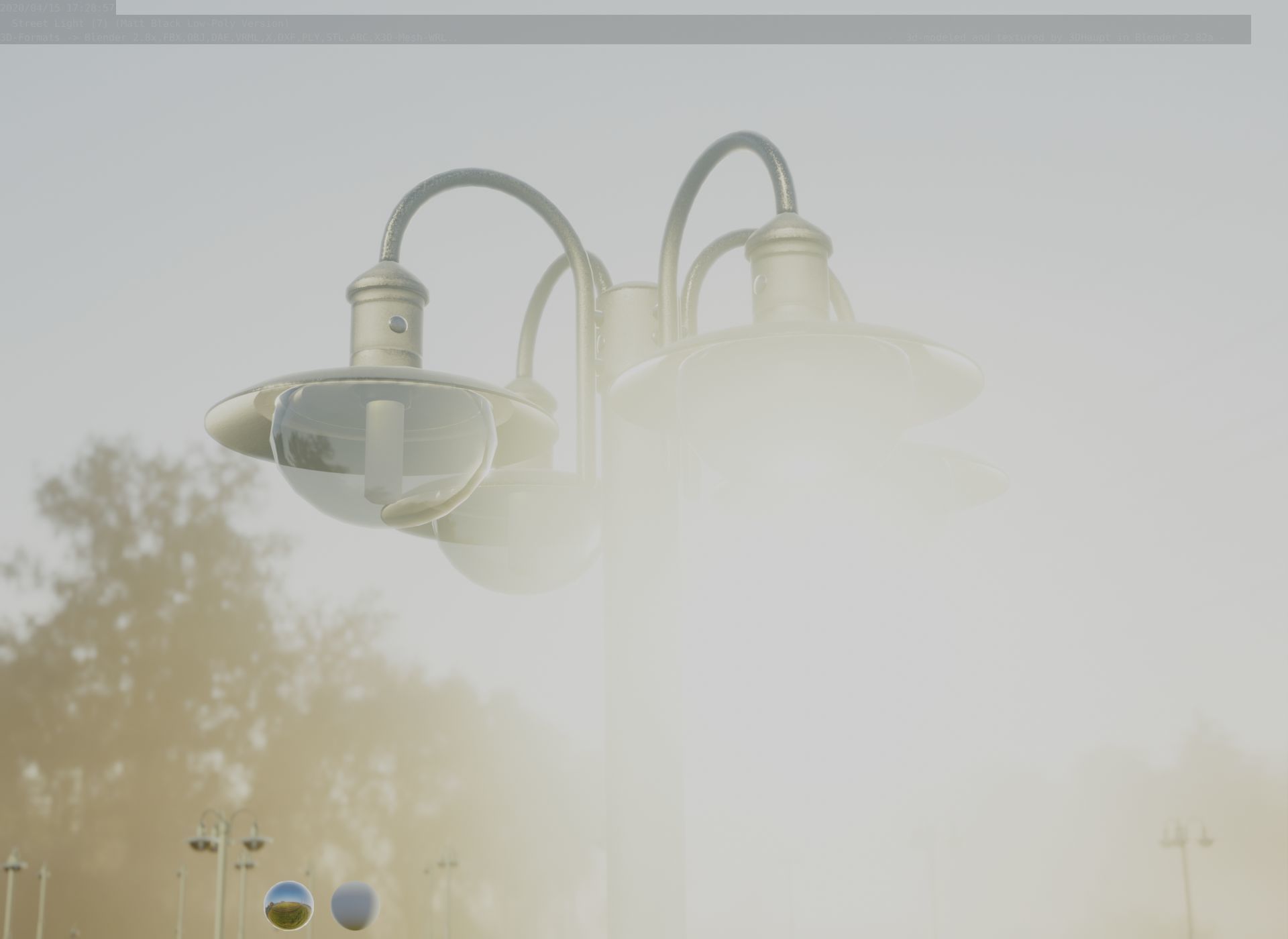 Street Light -7- Matt Black Version -4 Lamp-  Low-poly 3D model_33