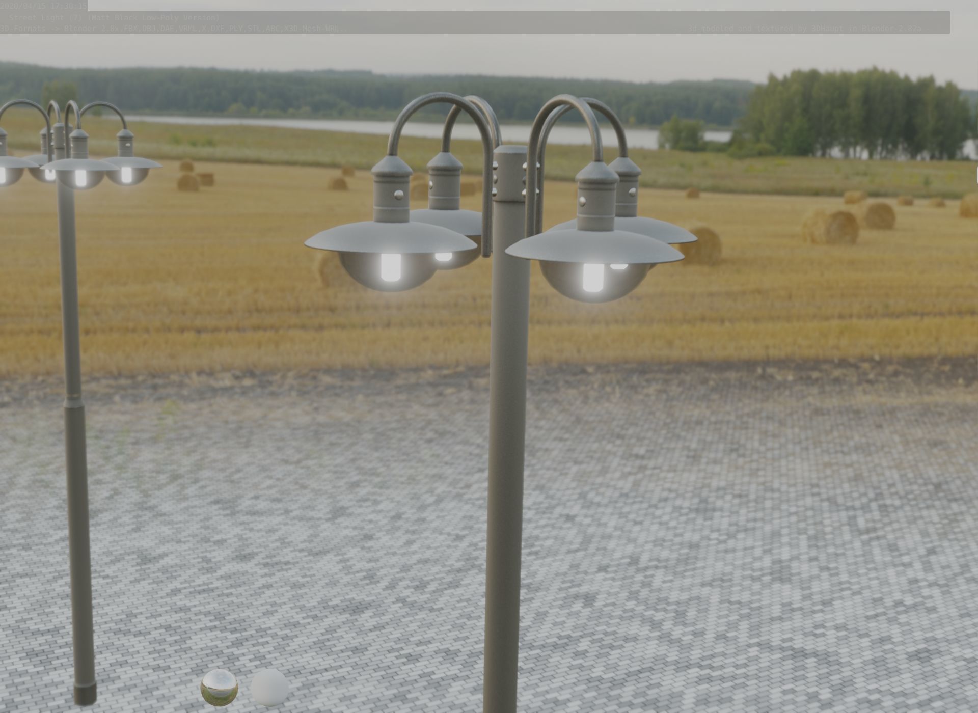 Street Light -7- Matt Black Version -4 Lamp-  Low-poly 3D model_61