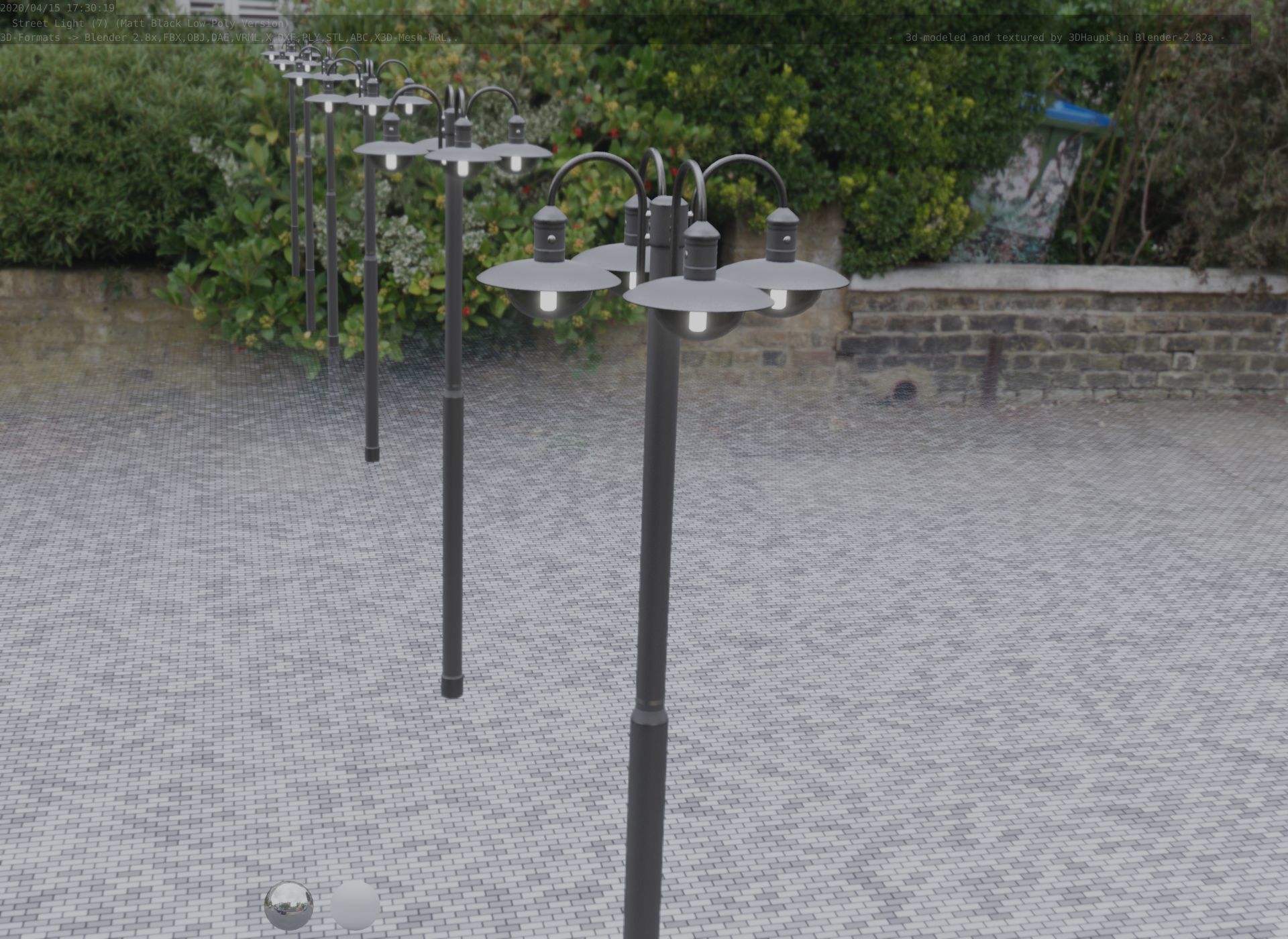 Street Light -7- Matt Black Version -4 Lamp-  Low-poly 3D model_64