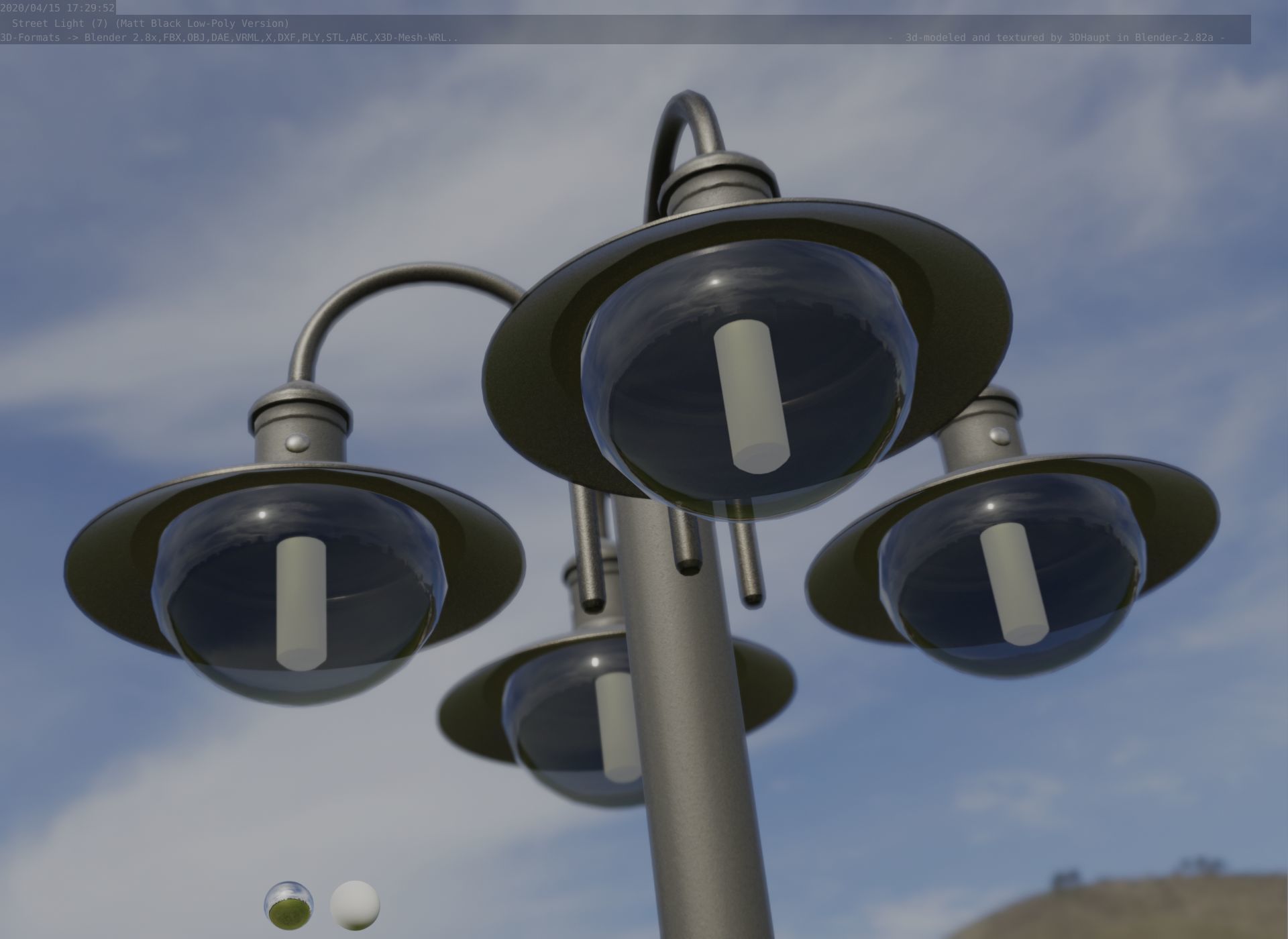 Street Light -7- Matt Black Version -4 Lamp-  Low-poly 3D model_48