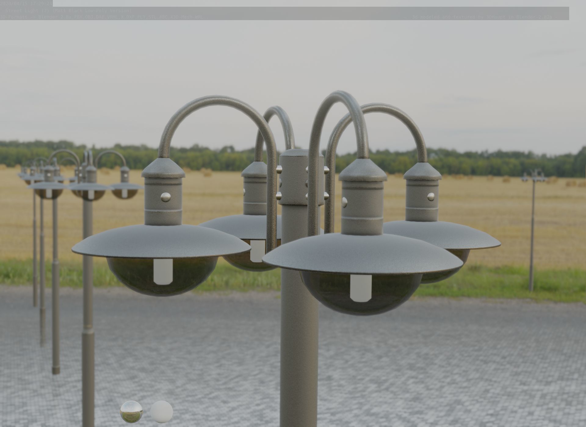 Street Light -7- Matt Black Version -4 Lamp-  Low-poly 3D model_11