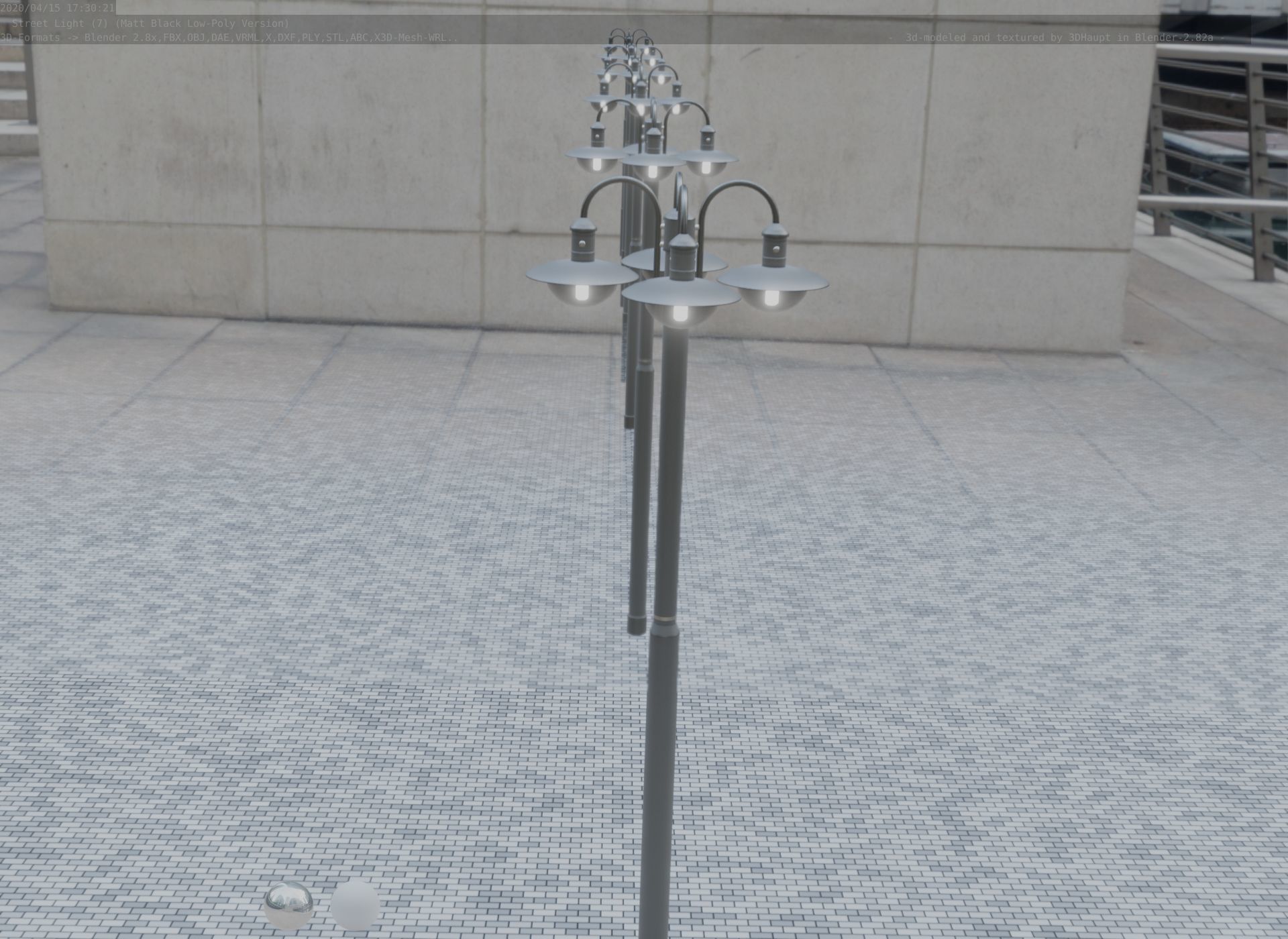 Street Light -7- Matt Black Version -4 Lamp-  Low-poly 3D model_66