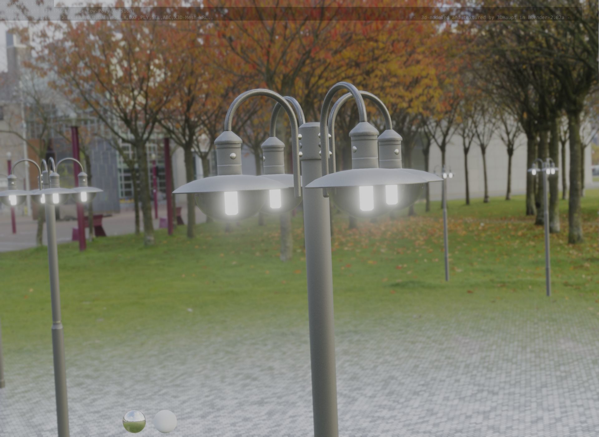 Street Light -7- Matt Black Version -4 Lamp-  Low-poly 3D model_87