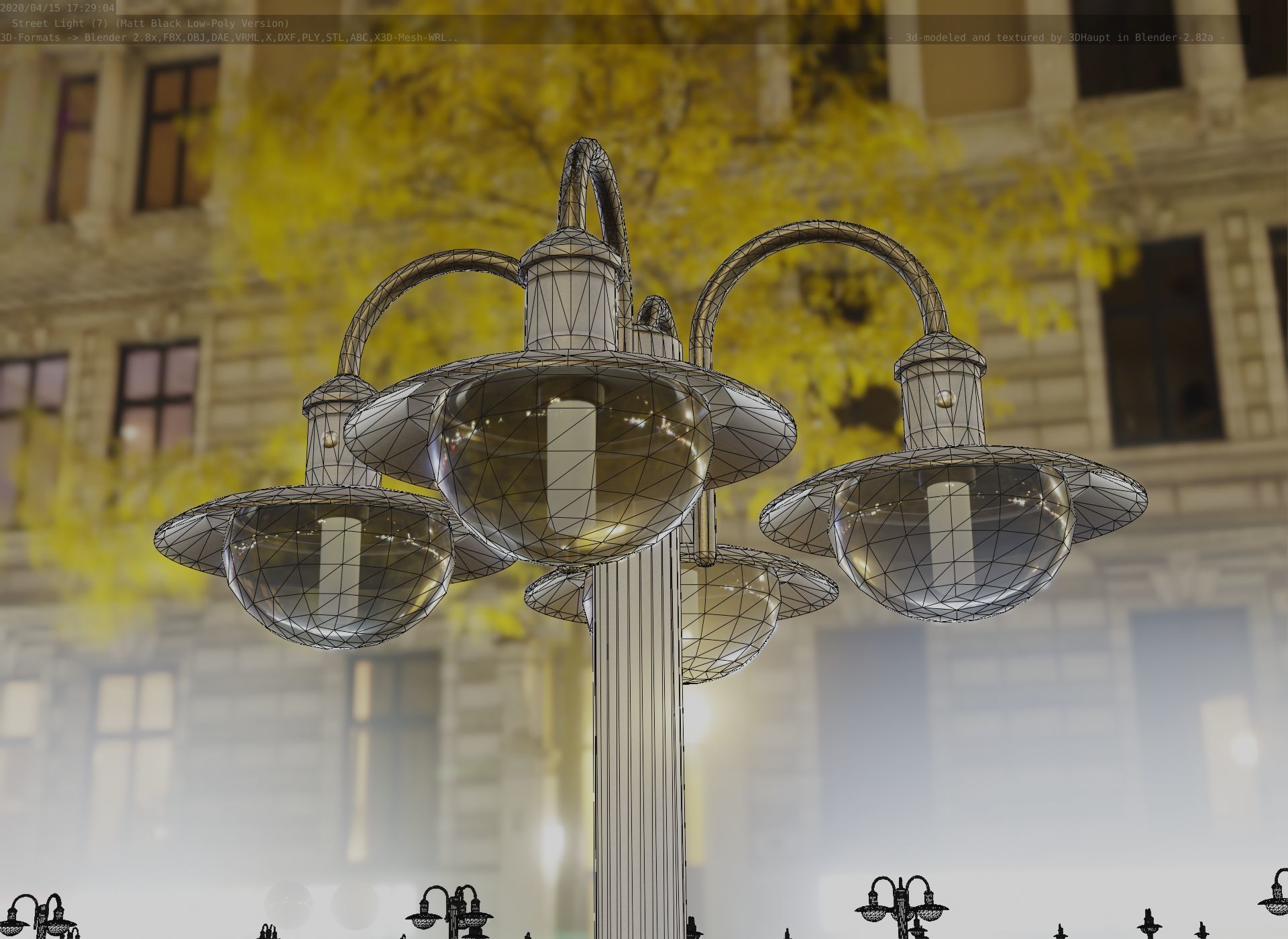 Street Light -7- Matt Black Version -4 Lamp-  Low-poly 3D model_37