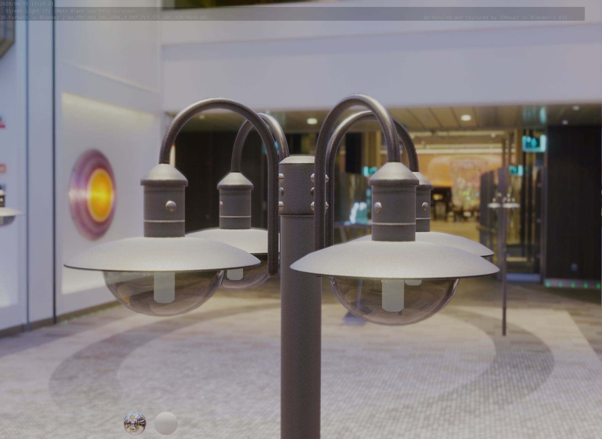 Street Light -7- Matt Black Version -4 Lamp-  Low-poly 3D model_9