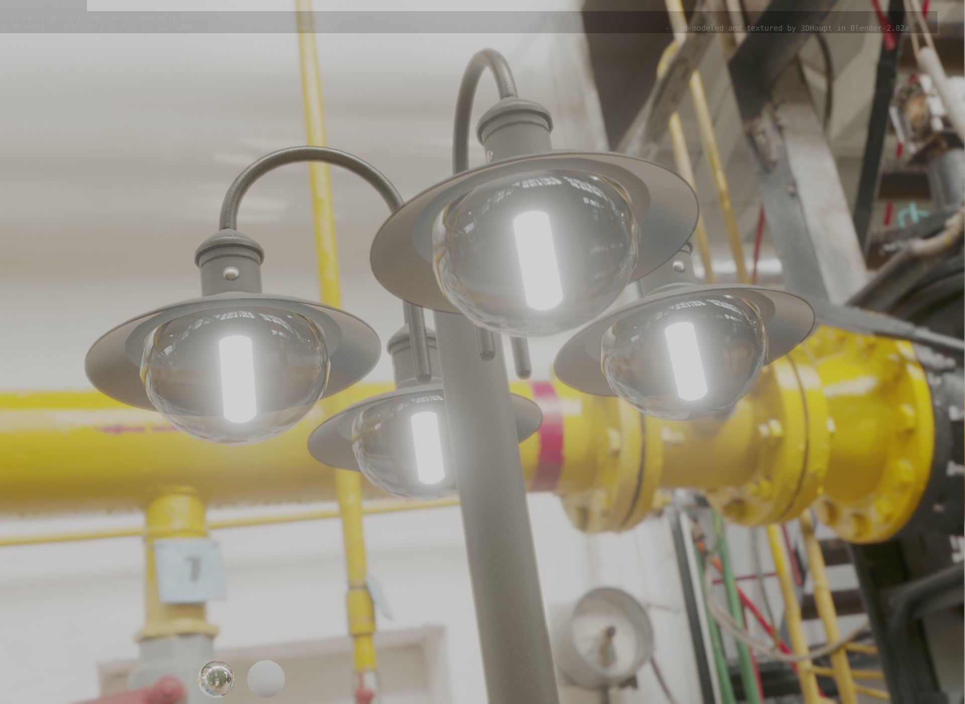 Street Light -7- Matt Black Version -4 Lamp-  Low-poly 3D model_96