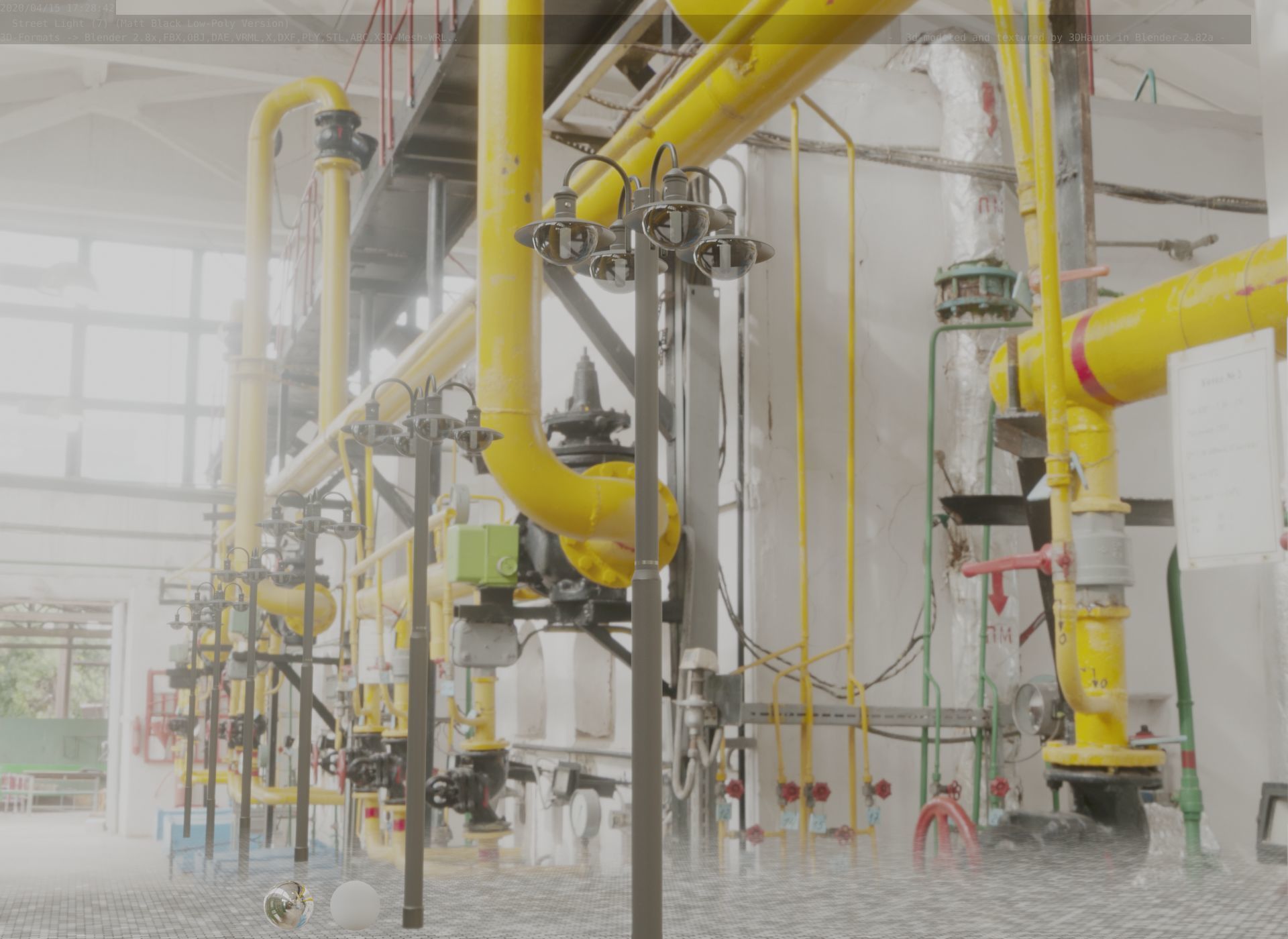 Street Light -7- Matt Black Version -4 Lamp-  Low-poly 3D model_25