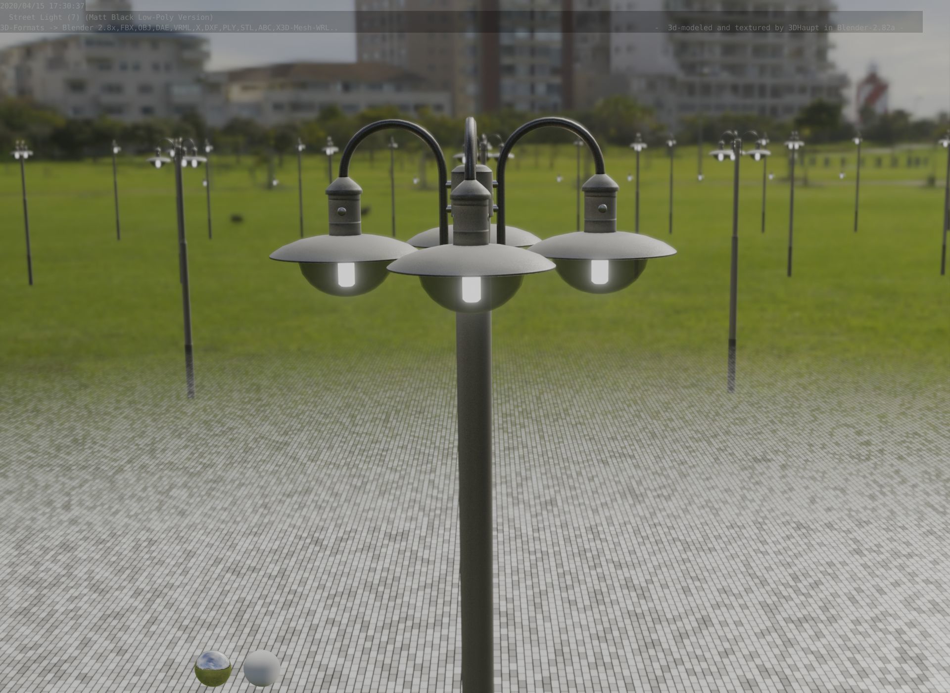 Street Light -7- Matt Black Version -4 Lamp-  Low-poly 3D model_80