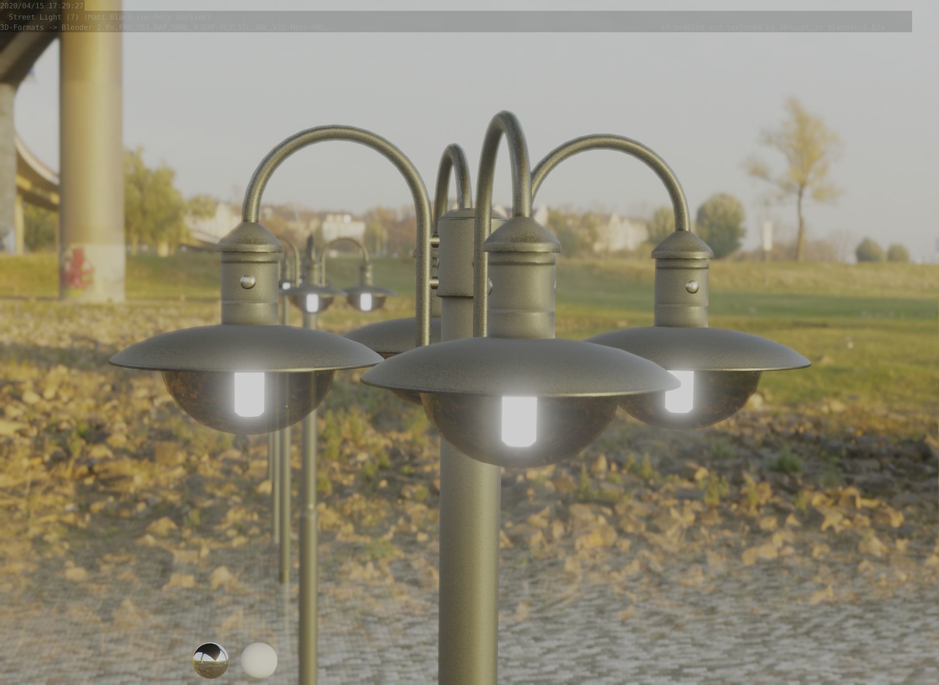 Street Light -7- Matt Black Version -4 Lamp-  Low-poly 3D model_13