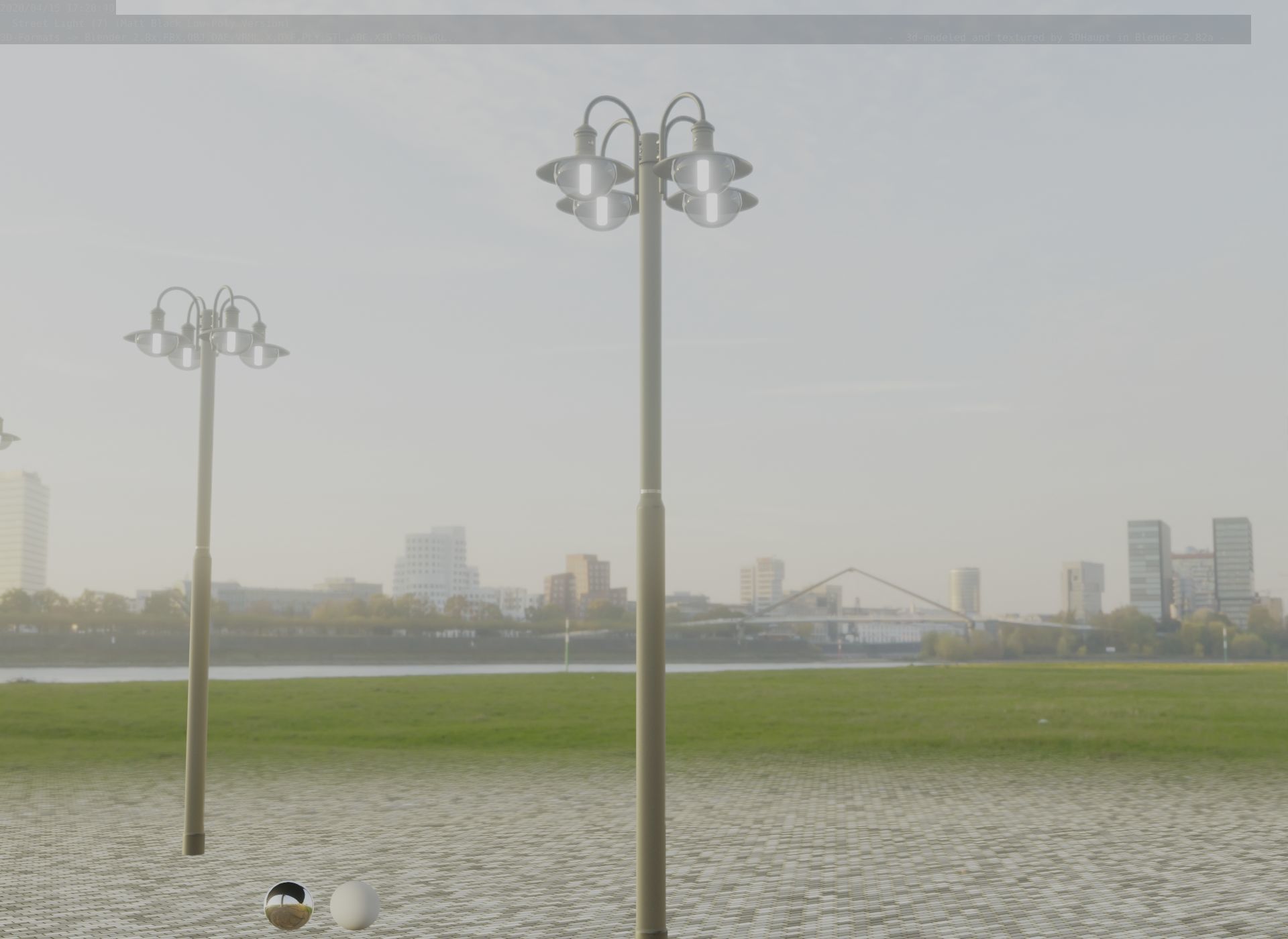 Street Light -7- Matt Black Version -4 Lamp-  Low-poly 3D model_23