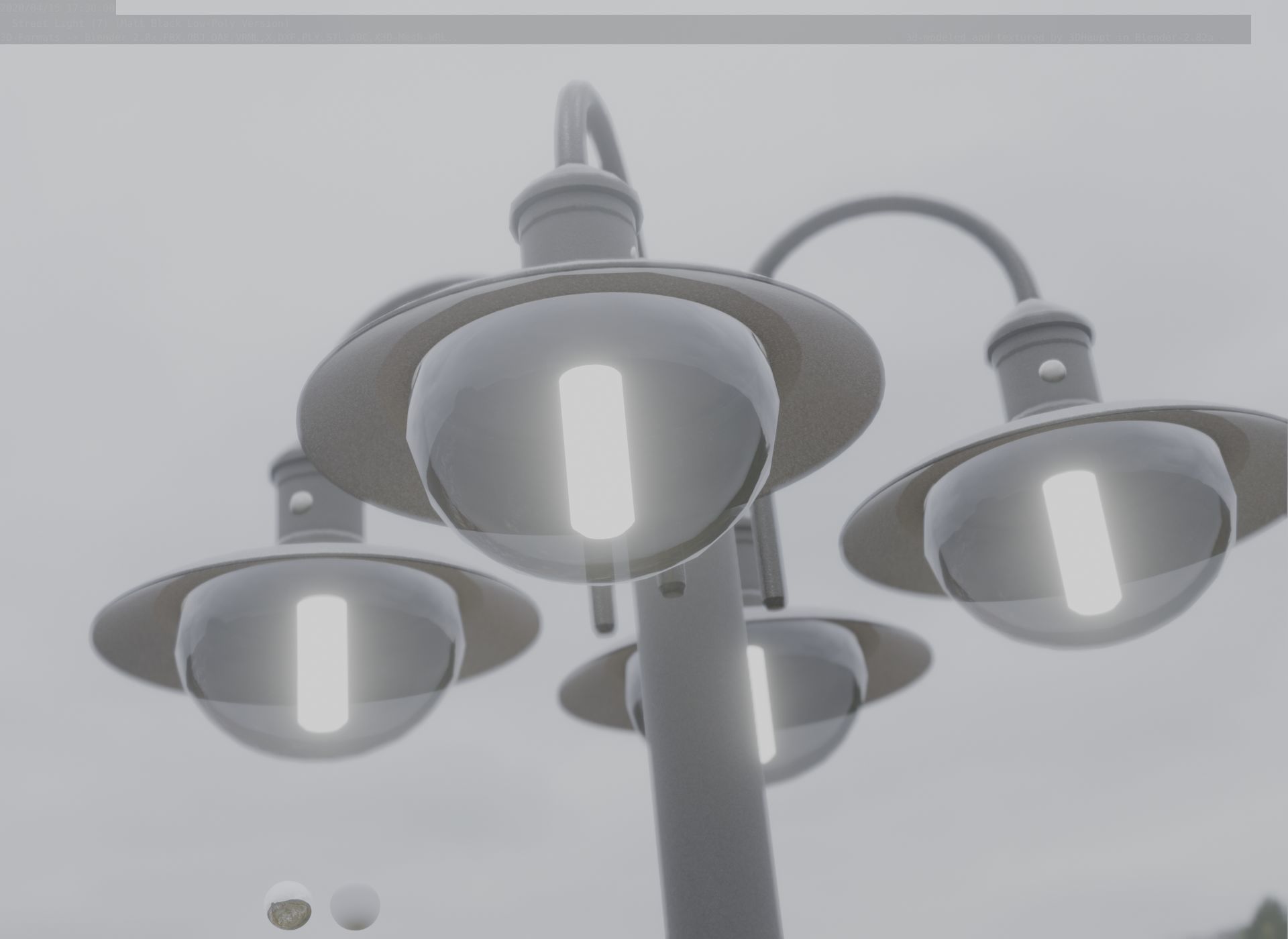 Street Light -7- Matt Black Version -4 Lamp-  Low-poly 3D model_52