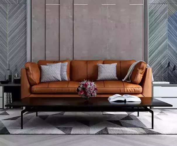 Modern-Style-Living-Room-001 living room with orange sofa and coffee table