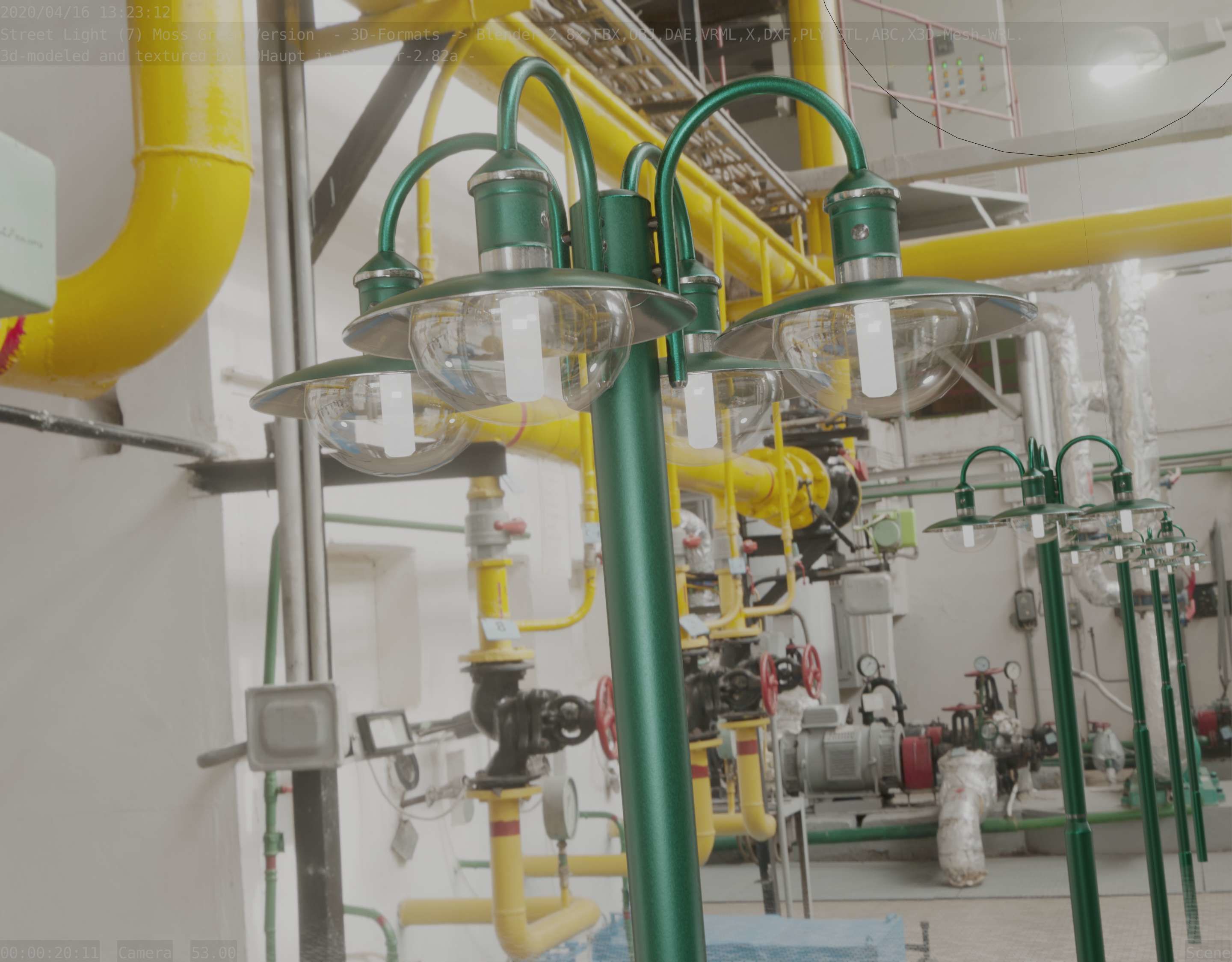 Street Light -7- Moss Green Version -4 Lamps- Low-poly 3D model_15