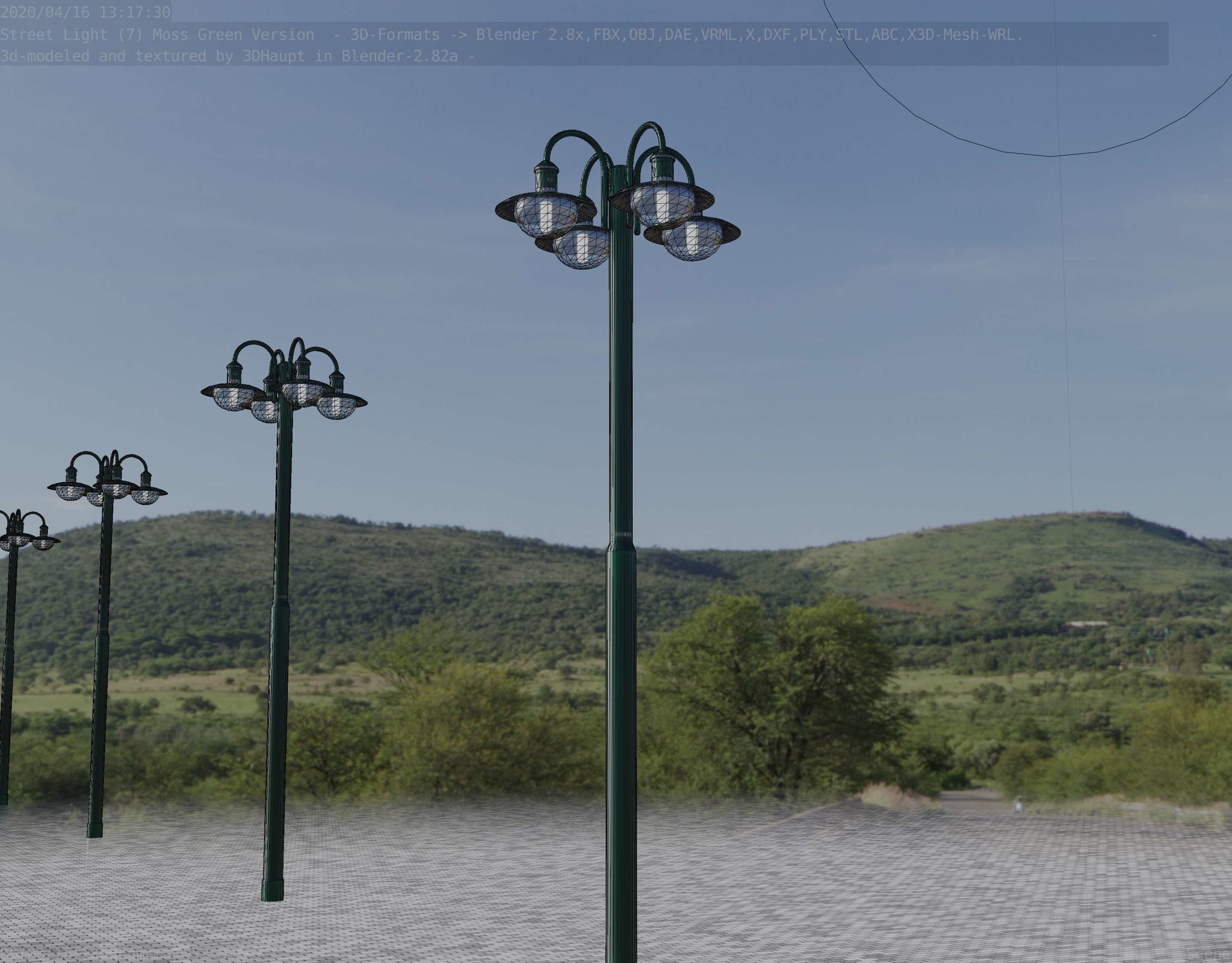 Street Light -7- Moss Green Version -4 Lamps- Low-poly 3D model_20