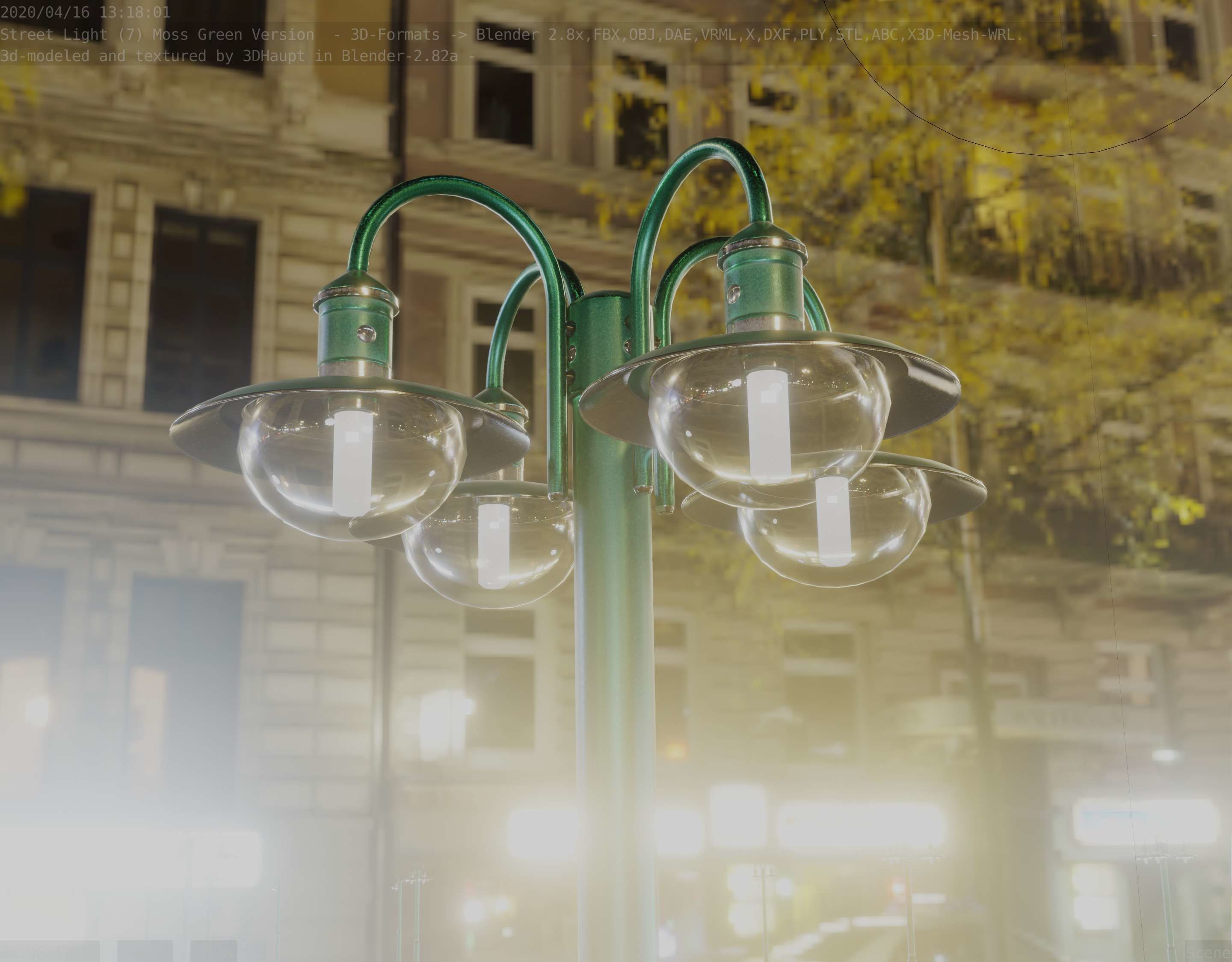 Street Light -7- Moss Green Version -4 Lamps- Low-poly 3D model_30