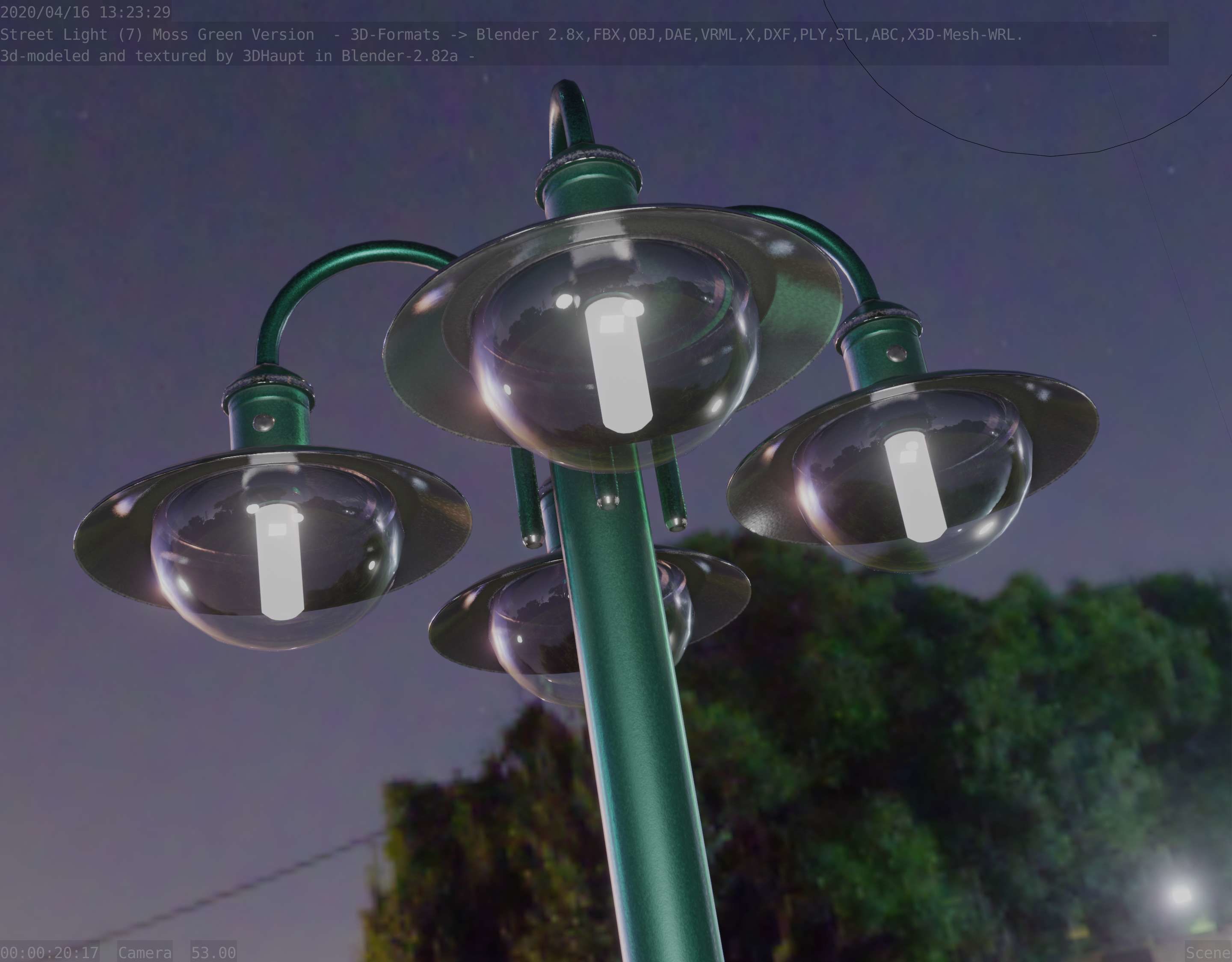 Street Light -7- Moss Green Version -4 Lamps- Low-poly 3D model_96