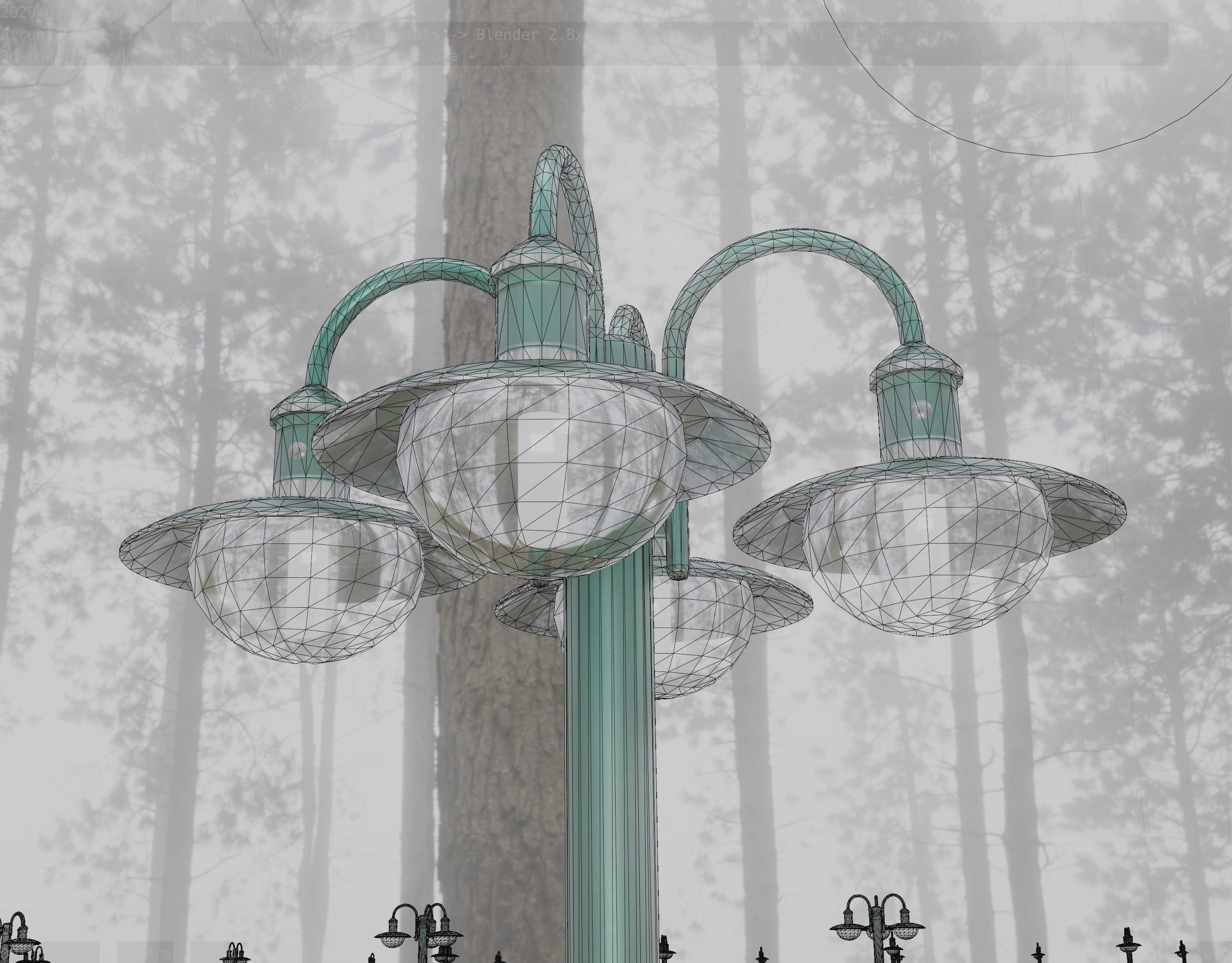 Street Light -7- Moss Green Version -4 Lamps- Low-poly 3D model_35
