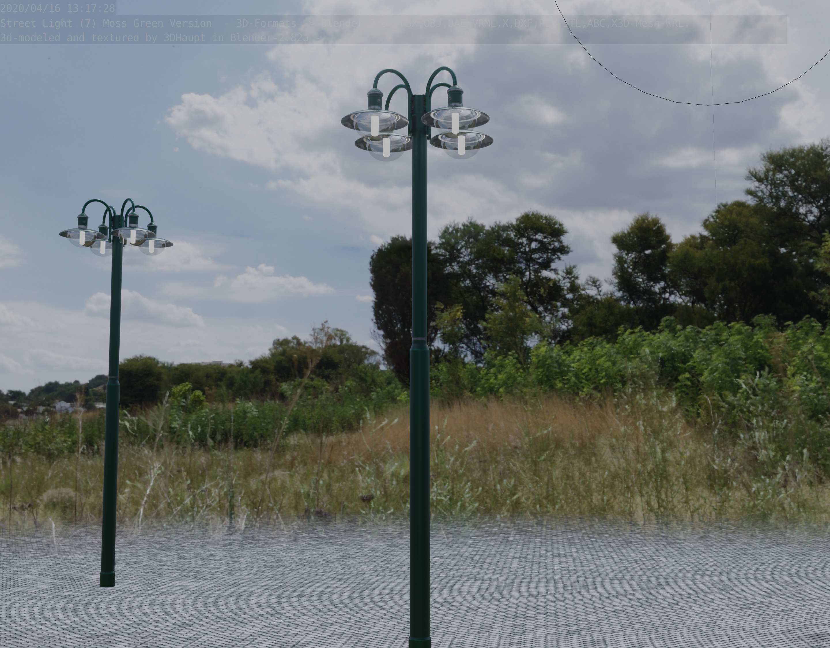 Street Light -7- Moss Green Version -4 Lamps- Low-poly 3D model_19