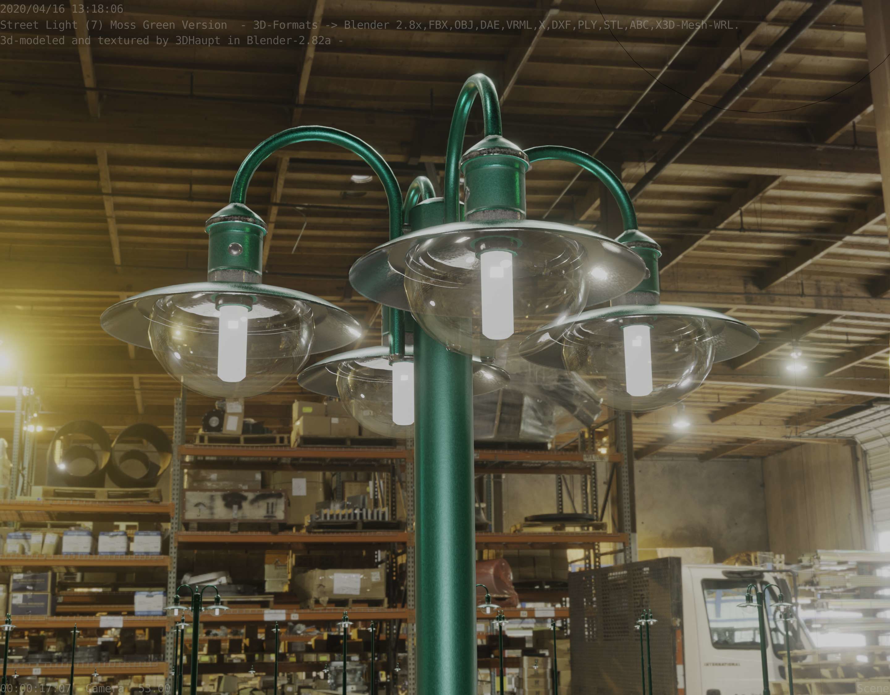 Street Light -7- Moss Green Version -4 Lamps- Low-poly 3D model_32