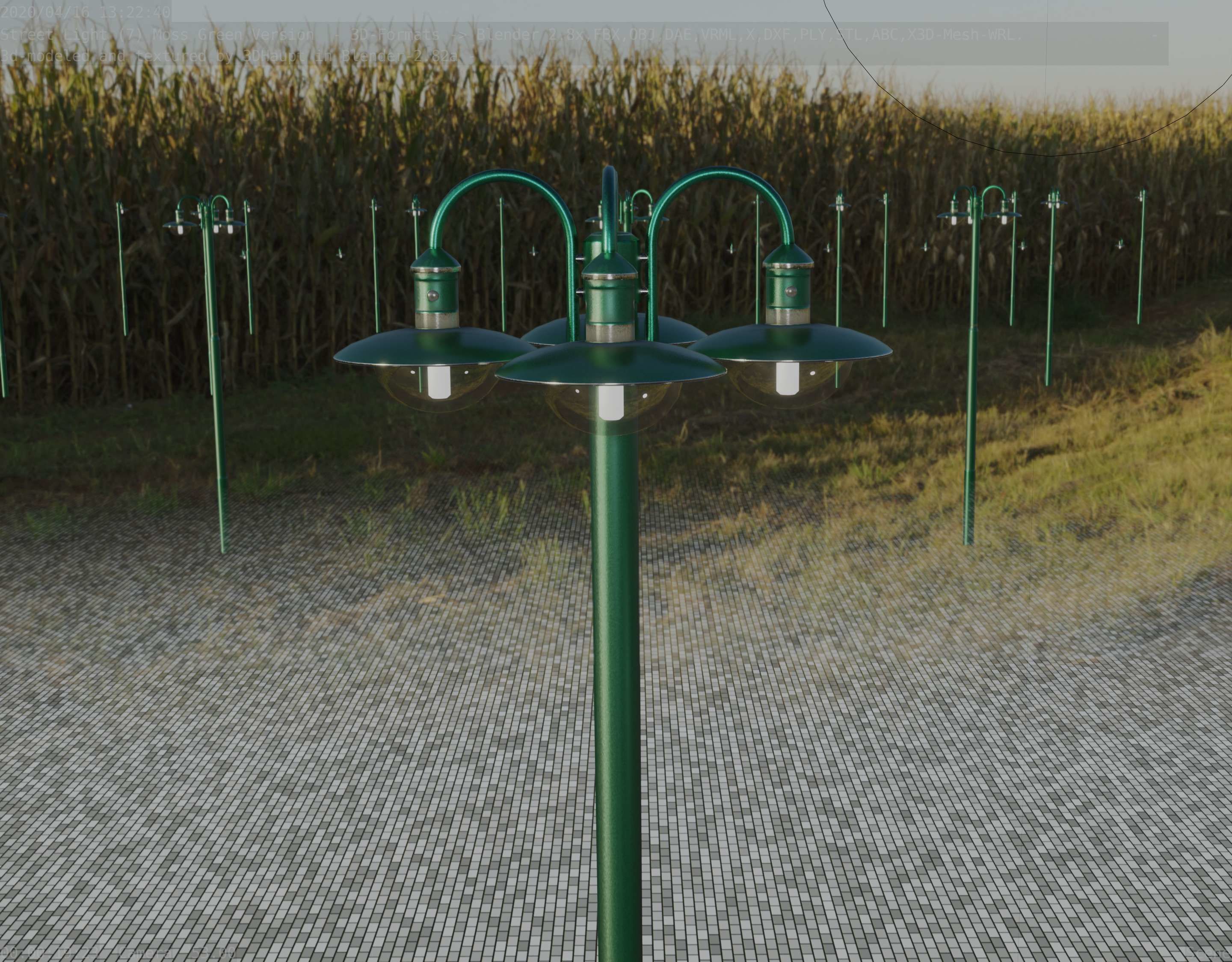 Street Light -7- Moss Green Version -4 Lamps- Low-poly 3D model_2