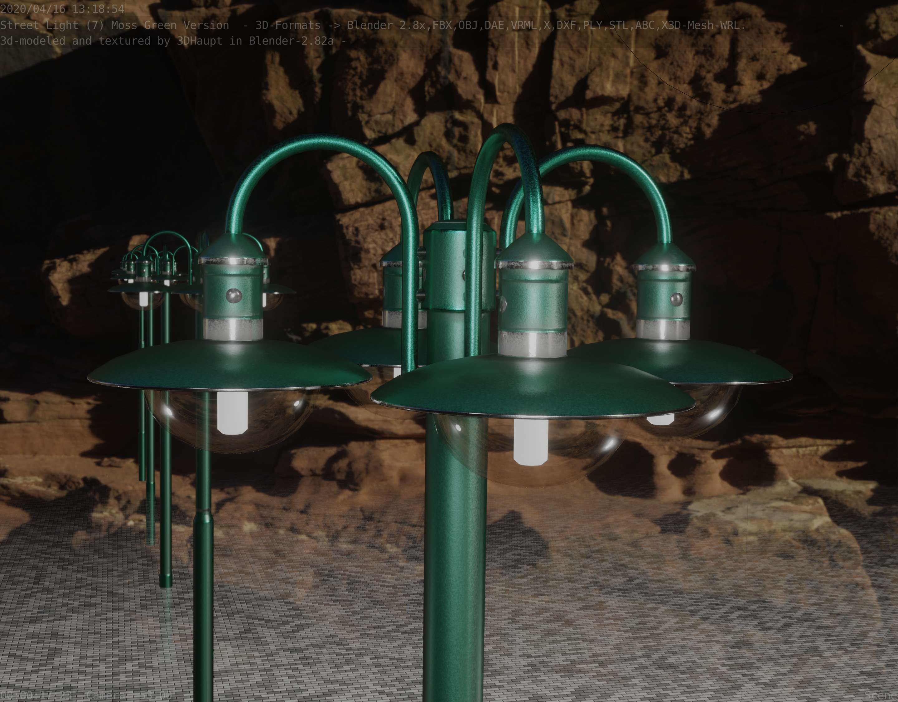 Street Light -7- Moss Green Version -4 Lamps- Low-poly 3D model_48