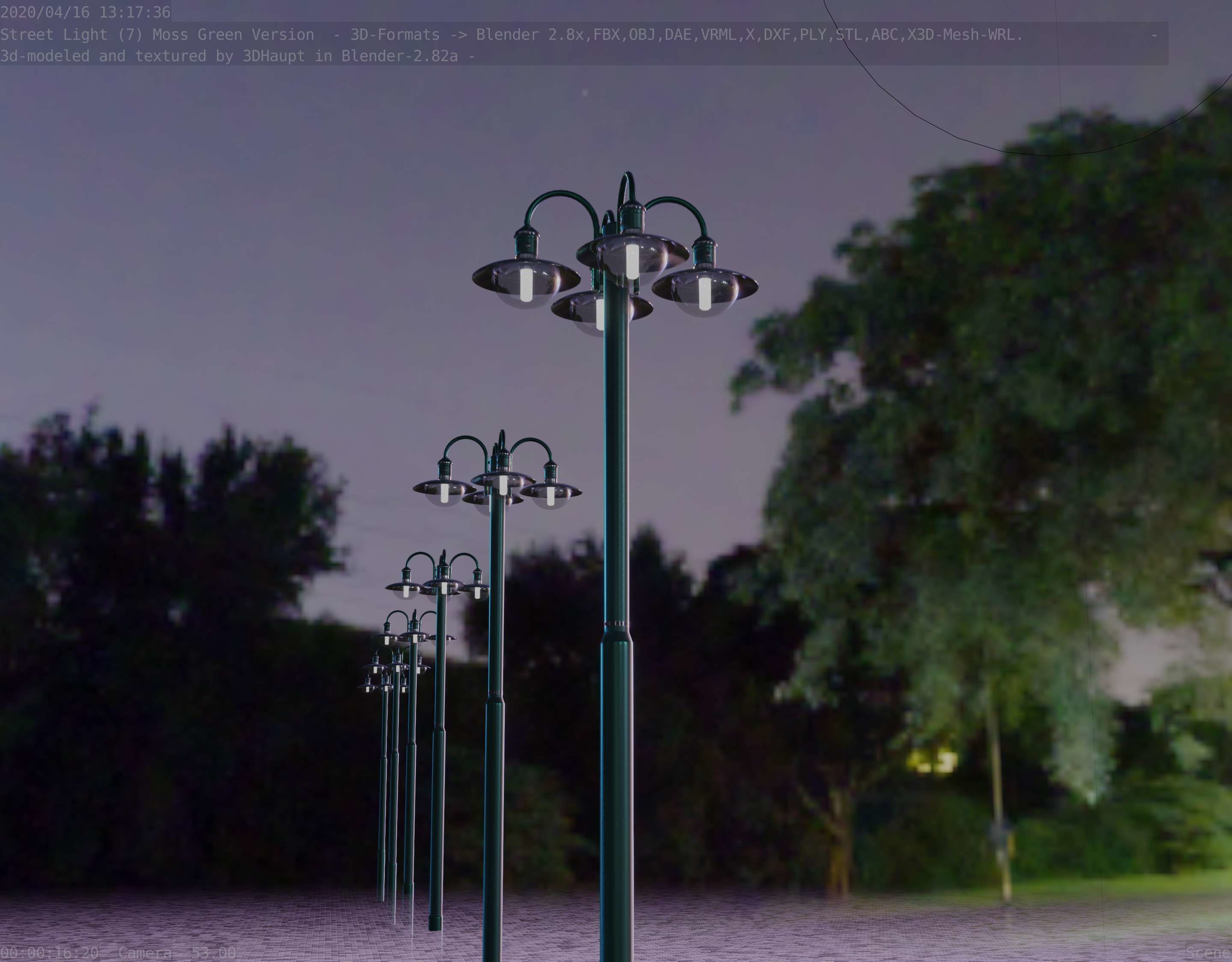 Street Light -7- Moss Green Version -4 Lamps- Low-poly 3D model_4