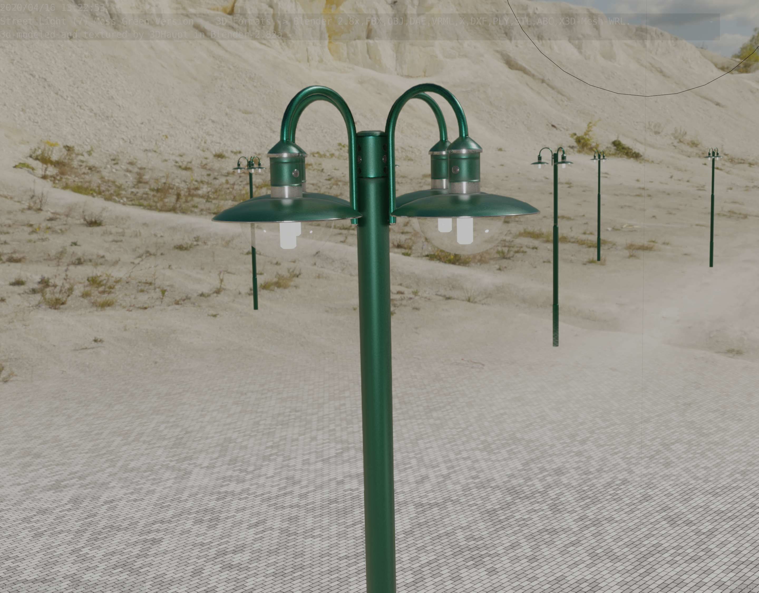 Street Light -7- Moss Green Version -4 Lamps- Low-poly 3D model_9